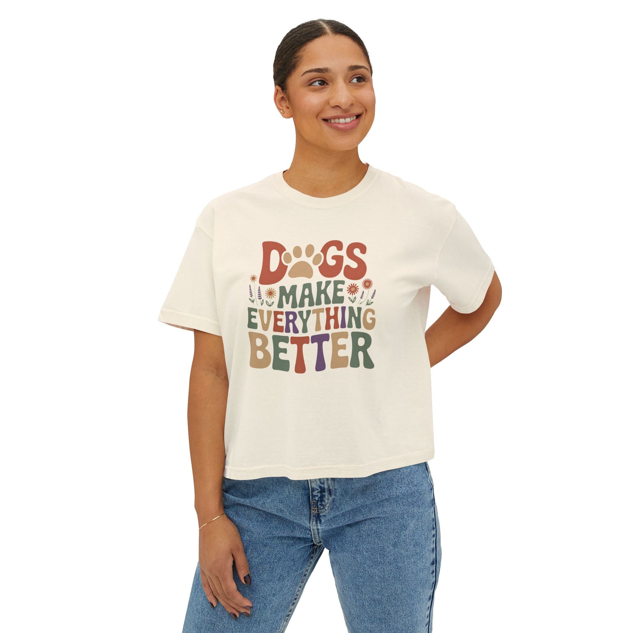 Dogs Make Everything Better Boxy Tee — Cute Paw Print Graphic T‑Shirt for Dog Lovers