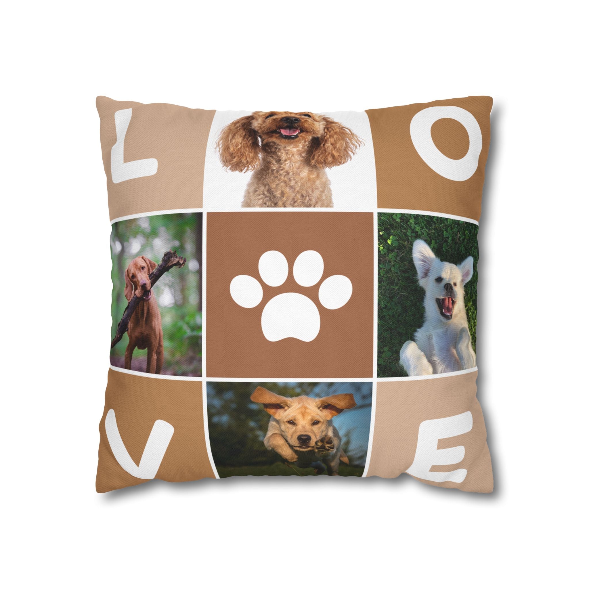 Dog Photo Collage Square Pillow — "LOVE" Paw Print Decorative Pillowcase