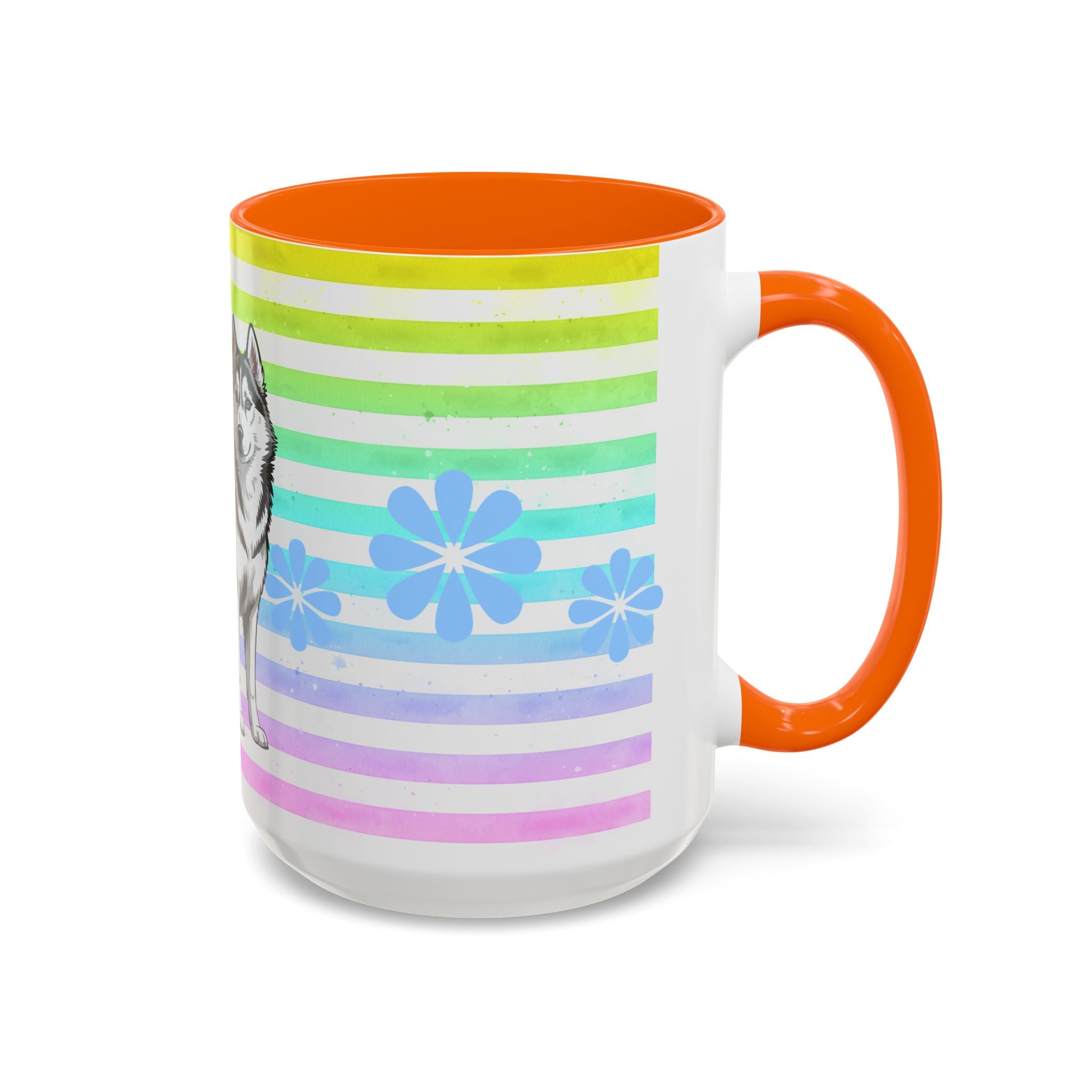 Siberian Husky Coffee Mug — Cute Black & Husky Pup on Rainbow Stripes (Accent Mug 11/15oz)