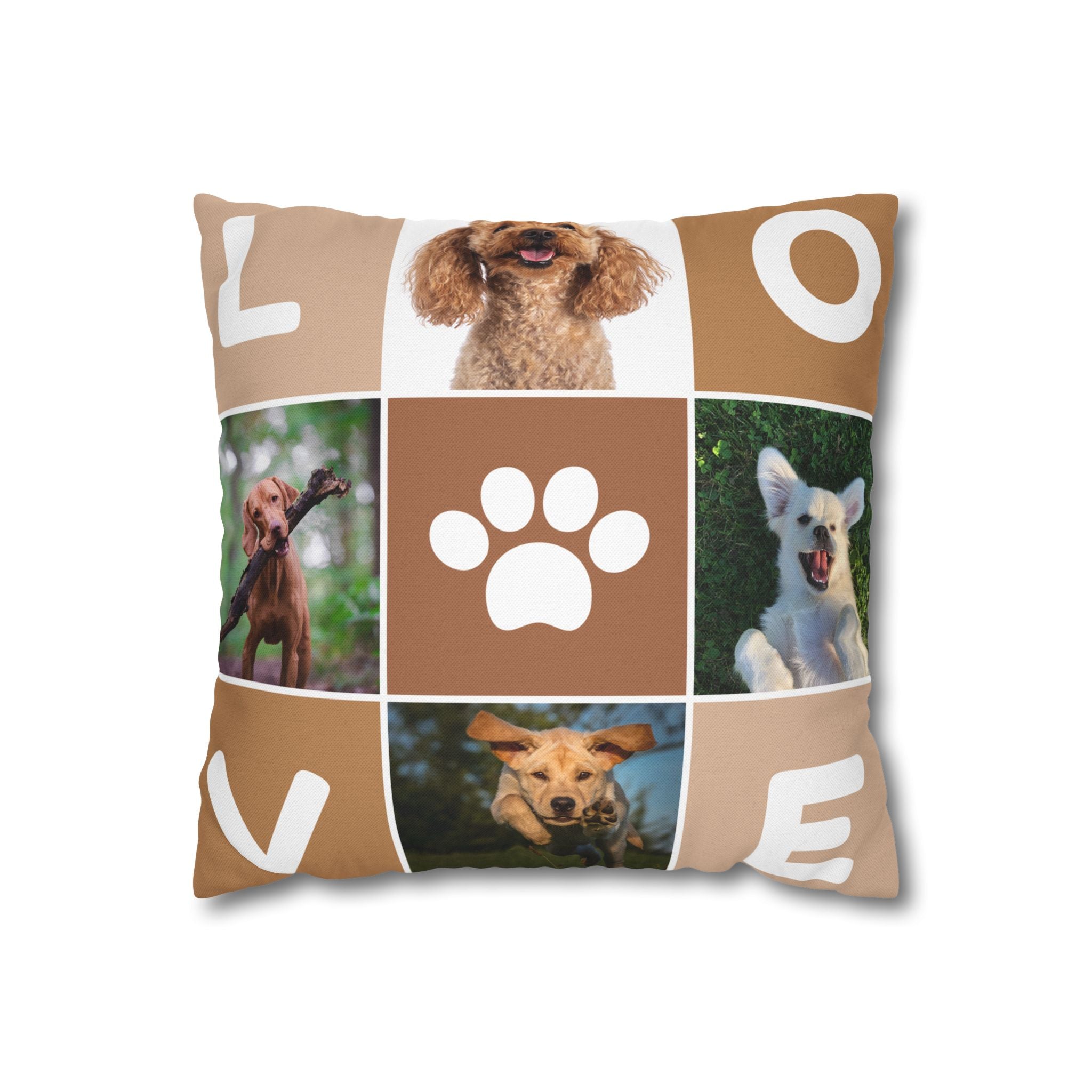 Dog Photo Collage Square Pillow — "LOVE" Paw Print Decorative Pillowcase