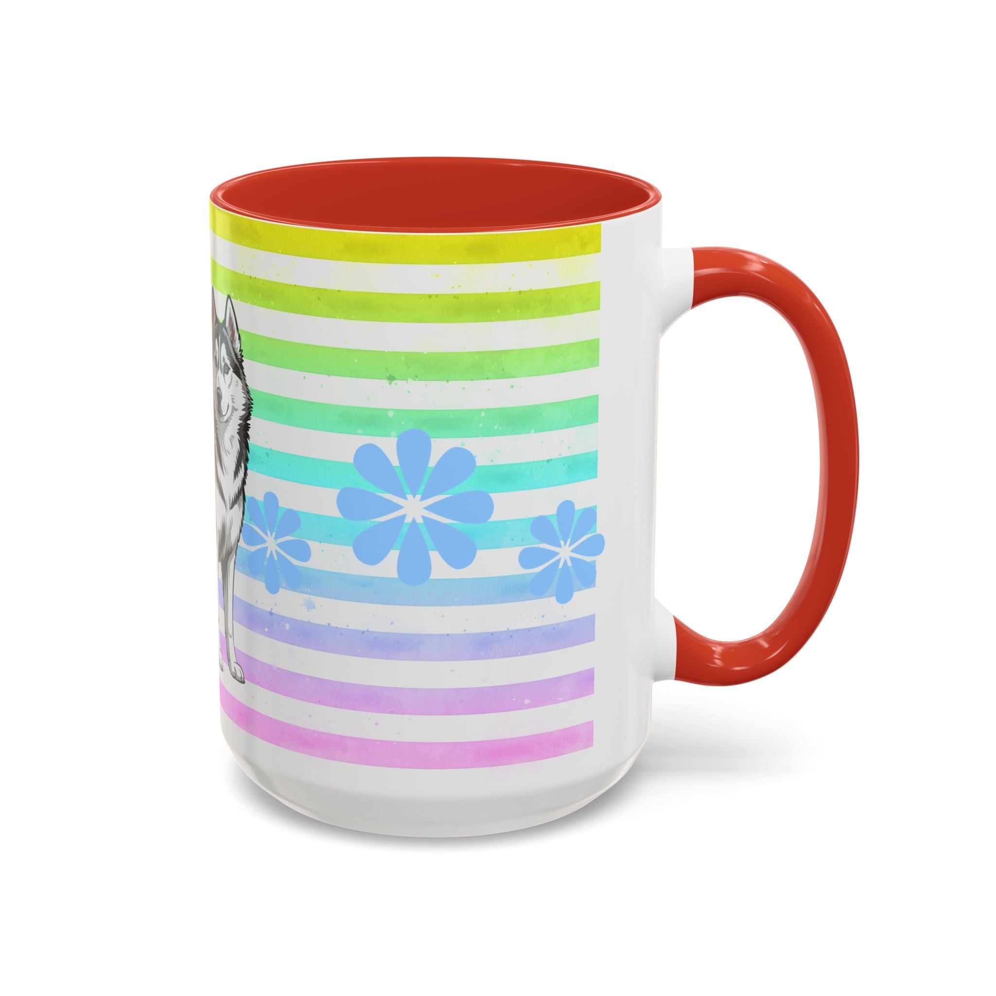 Siberian Husky Coffee Mug — Cute Black & Husky Pup on Rainbow Stripes (Accent Mug 11/15oz)