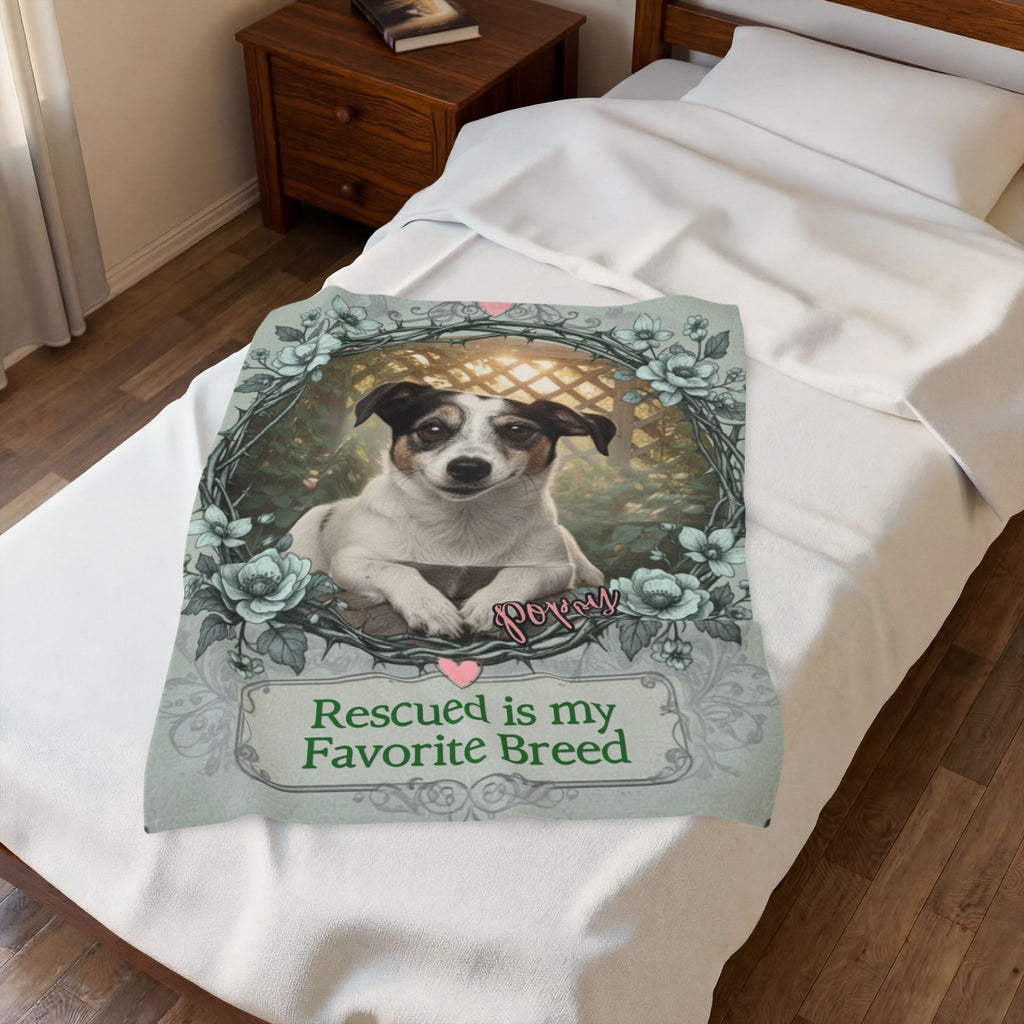 Personalized Dog Portrait Blanket — "Rescued Is My Favorite Breed" | Custom Name & Photo