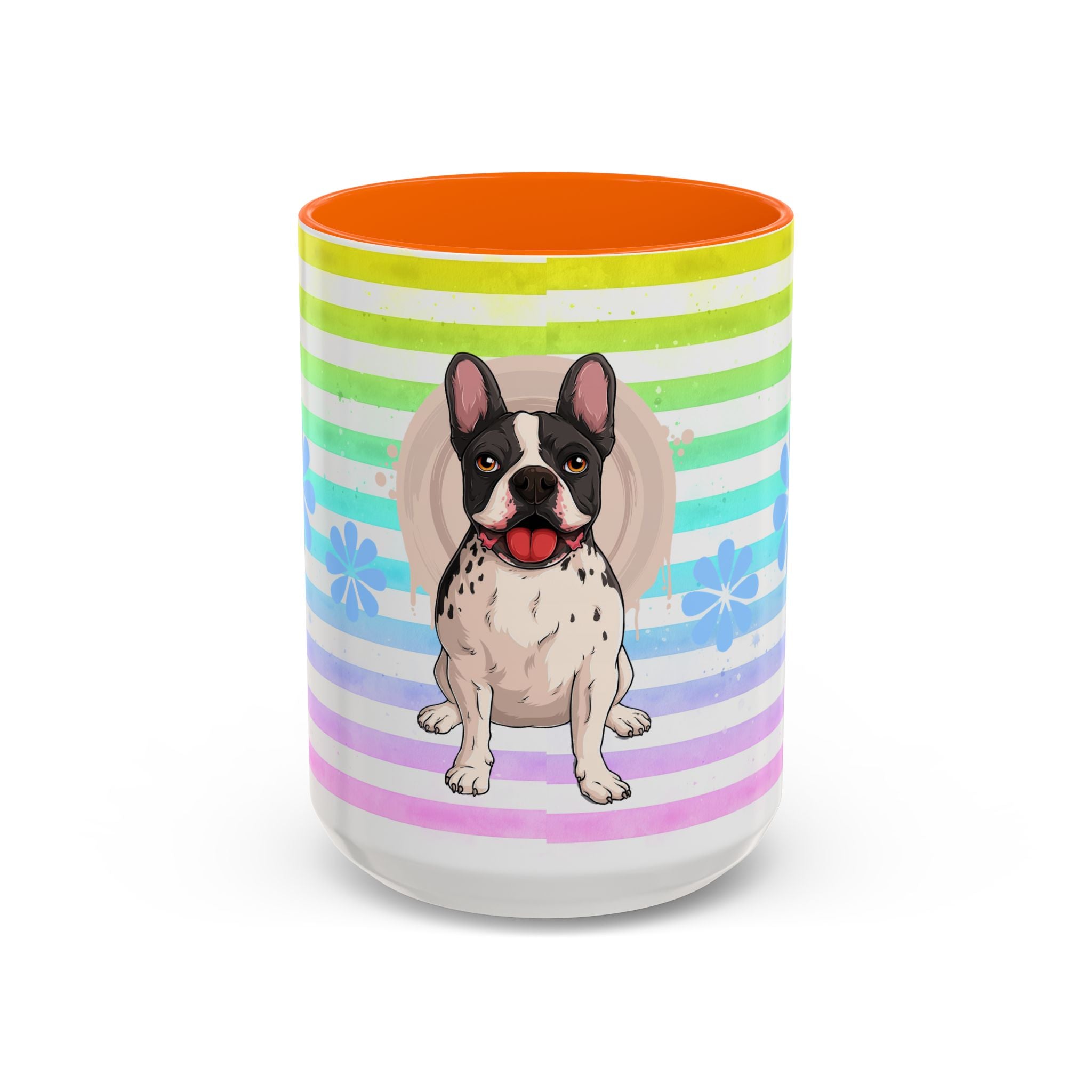 French Bulldog Coffee Mug — Cute Black & White Pup on Rainbow Stripes (Accent Mug 11/15oz)