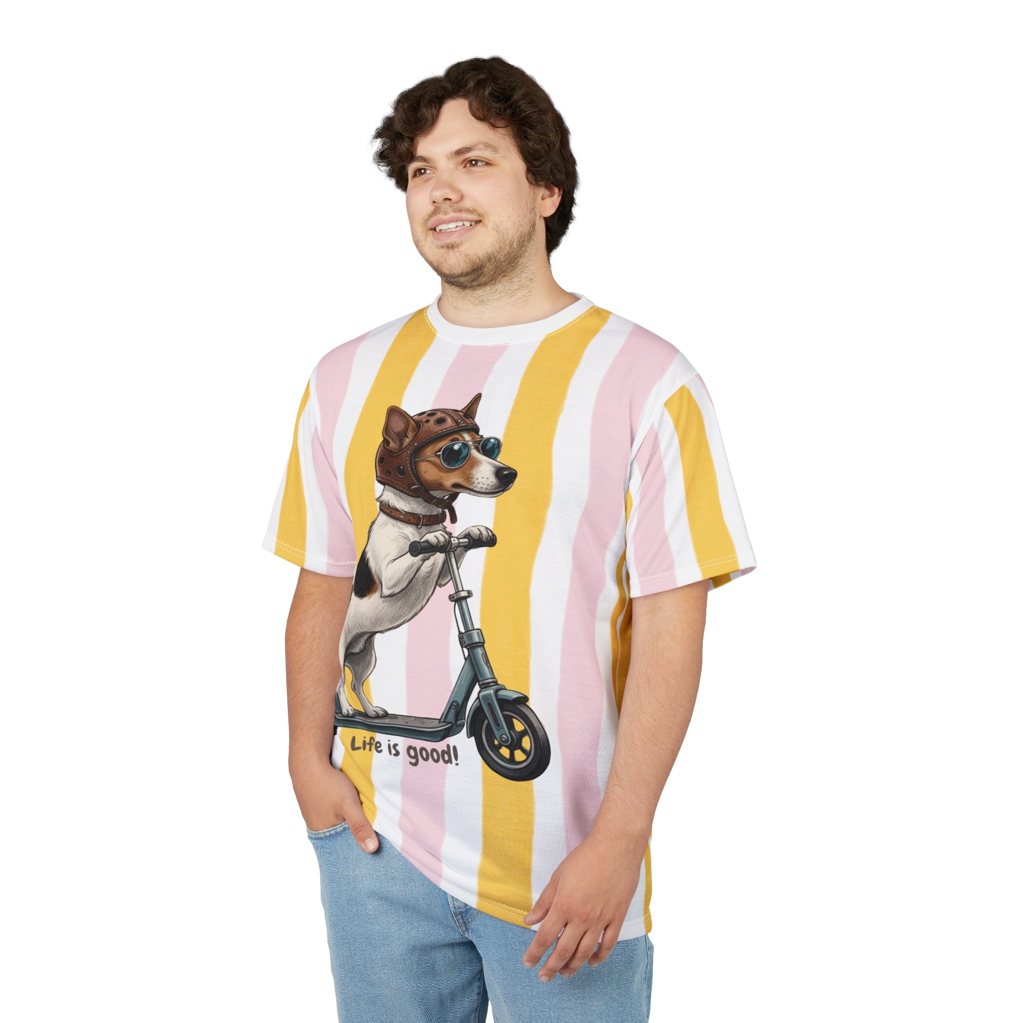 Scooter Dog Tee — "Life is Good" Striped All-Over Print T-Shirt