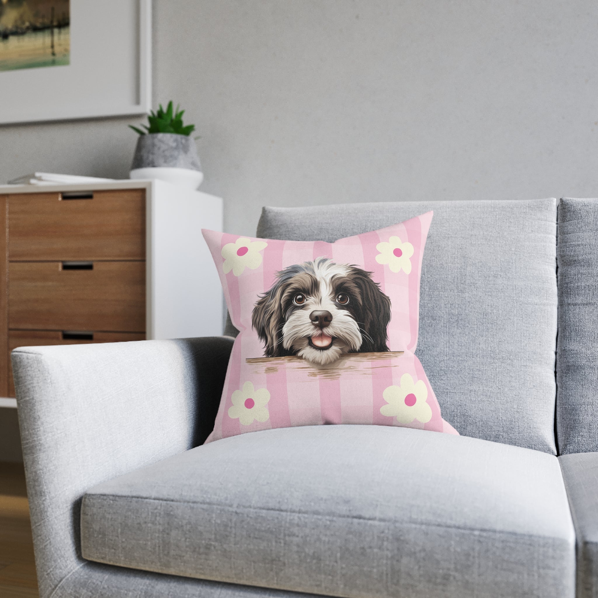 Havanese Dog Throw Pillow — Floral Pink Faux Suede | Dog Lover Home Decor