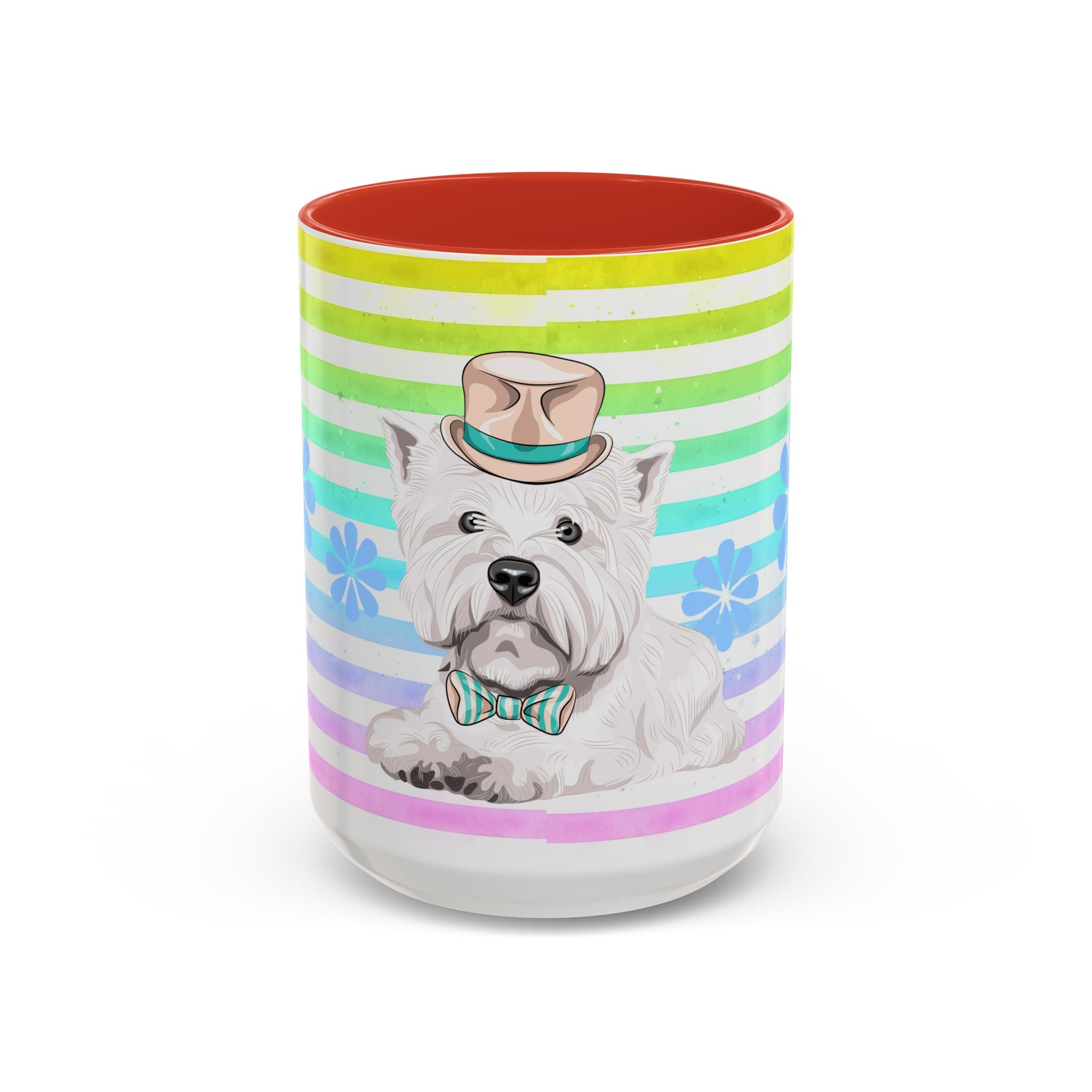 West Highland Terrier Coffee Mug — Cute White Pup on Rainbow Stripes (Accent Mug 11/15oz)
