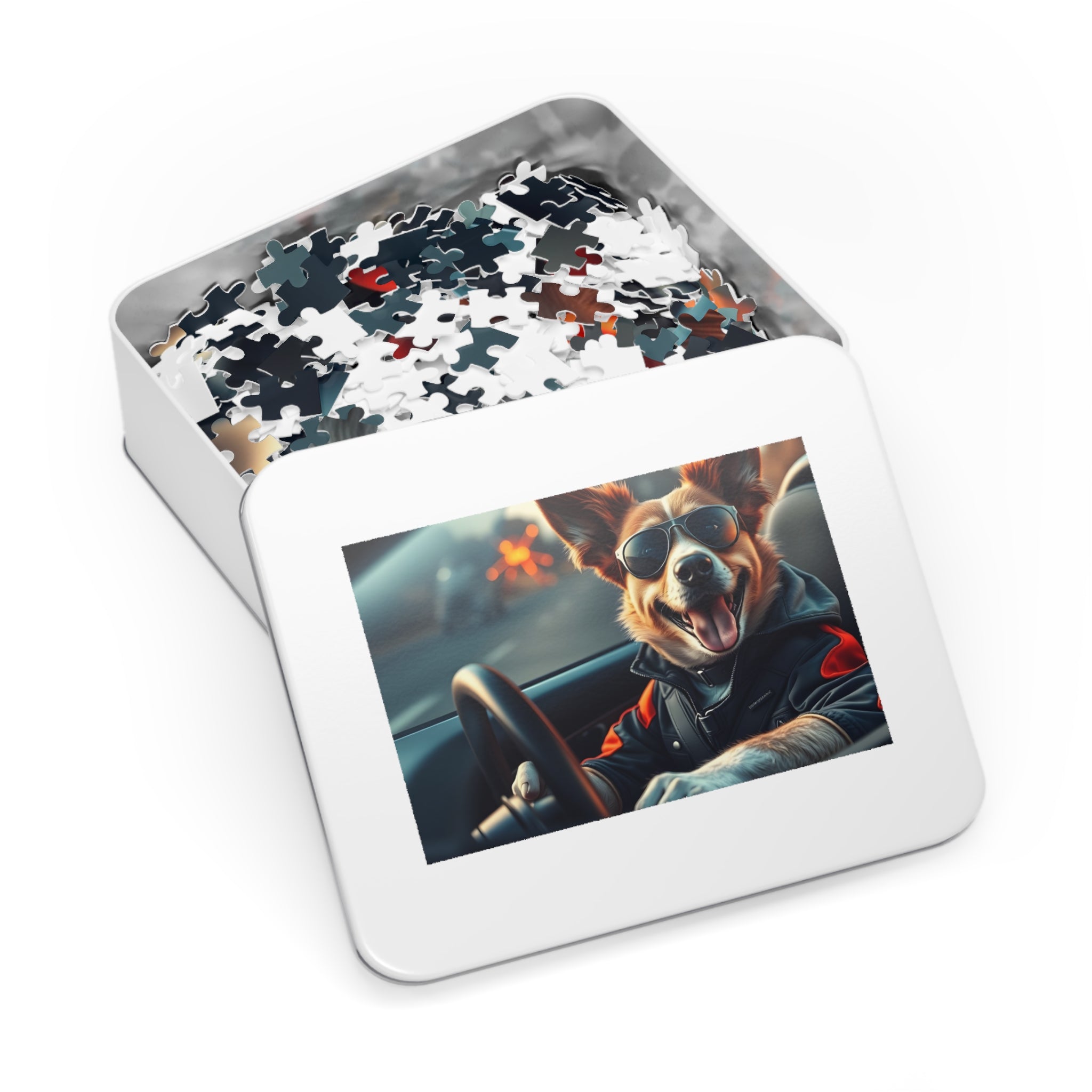 Corgi Driving Jigsaw Puzzle with Tin — Funny Dog Behind the Wheel | Dog Lover Gift