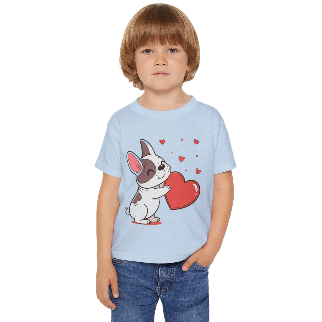 Toddler T-Shirt — Cute French Bulldog Hugging Heart with Colorful Paw Prints