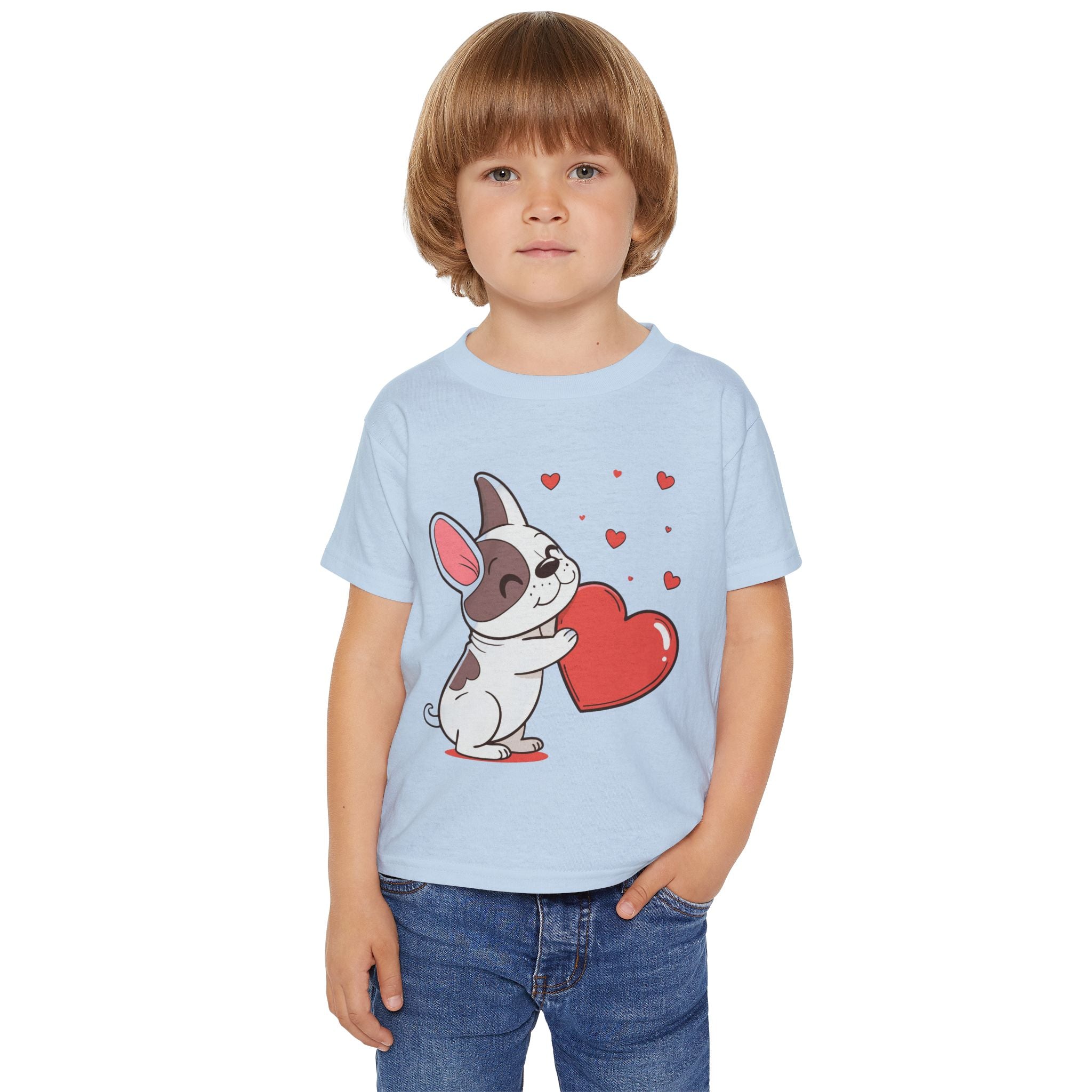 Toddler T-Shirt — Cute French Bulldog Hugging Heart with Colorful Paw Prints