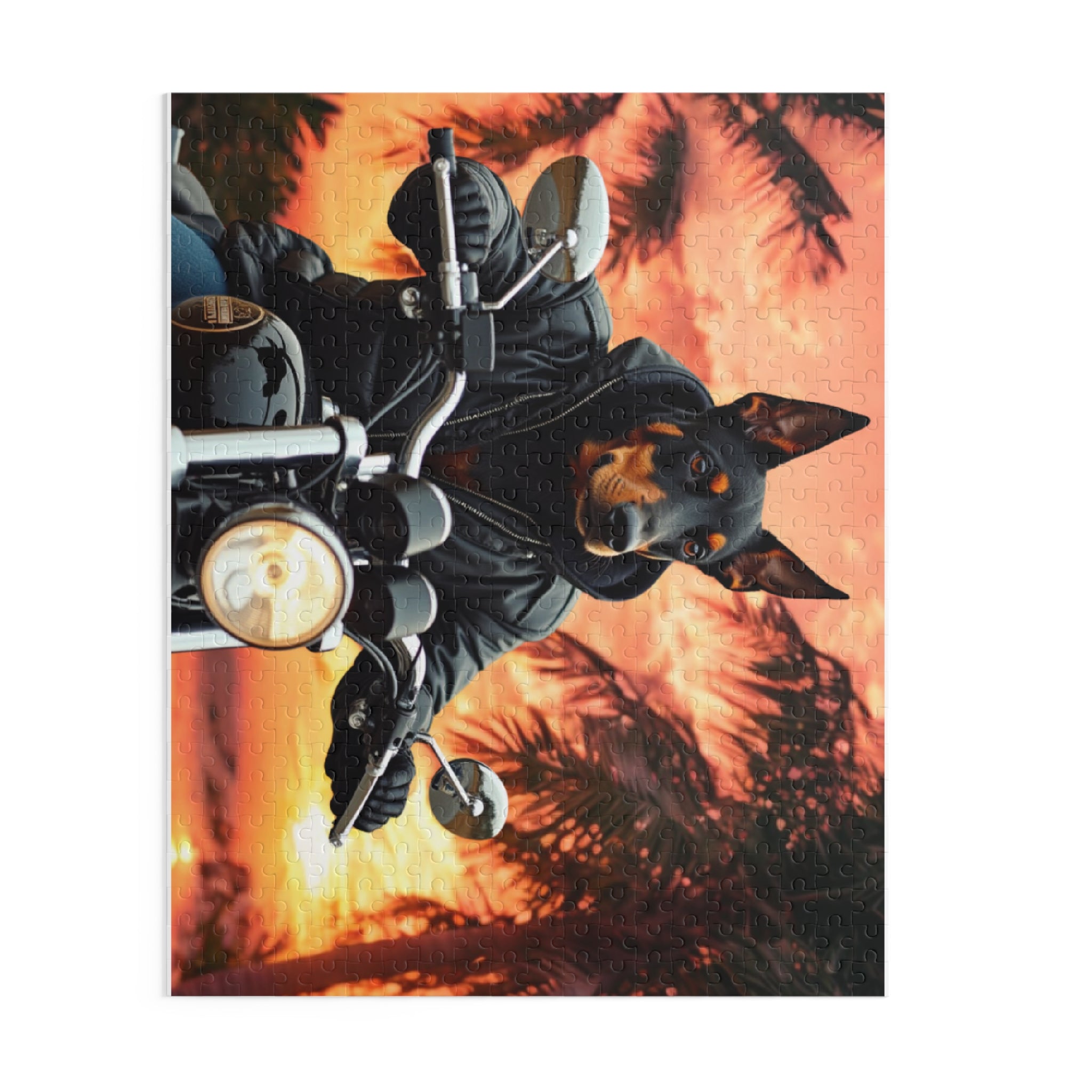 Dobermann Biker Jigsaw Puzzle — Sunset Motorcycle Scene | Dog Lover Gift