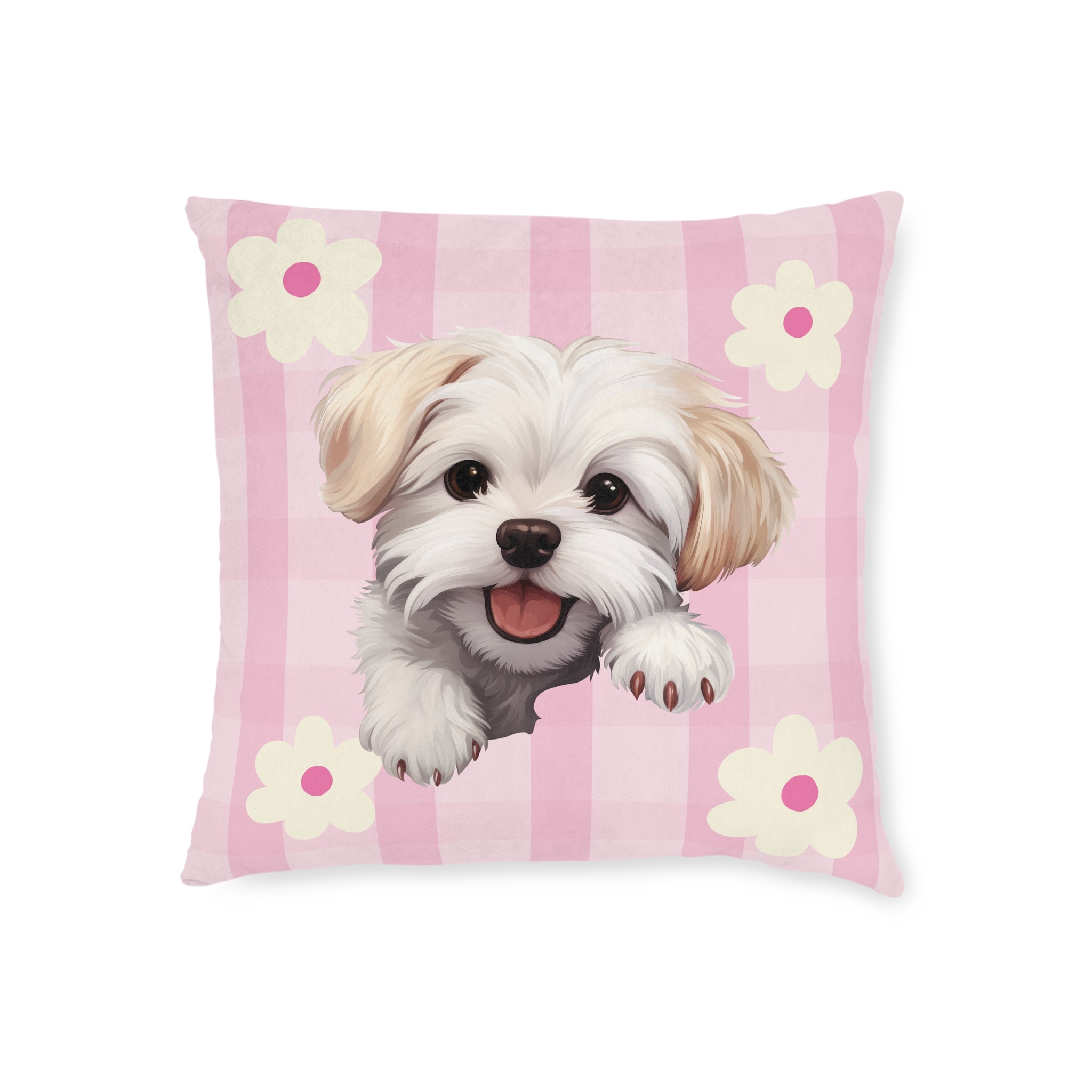 Maltese Dog Throw Pillow — Floral Pink Faux Suede | Dog Lover Home Decor