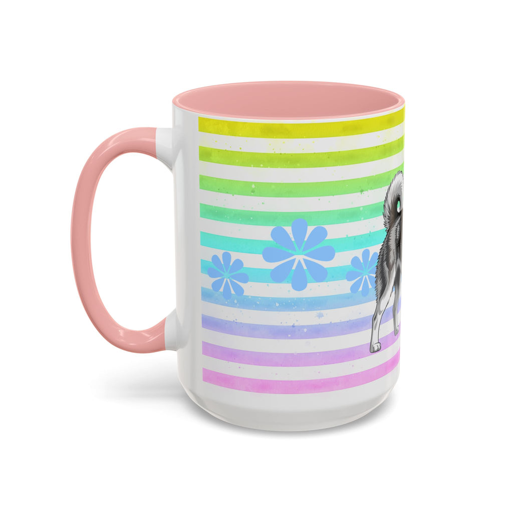 Siberian Husky Coffee Mug — Cute Black & Husky Pup on Rainbow Stripes (Accent Mug 11/15oz)