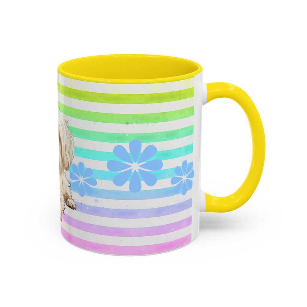 Maltese Dog Coffee Mug — Cute White Pup on Rainbow Stripes