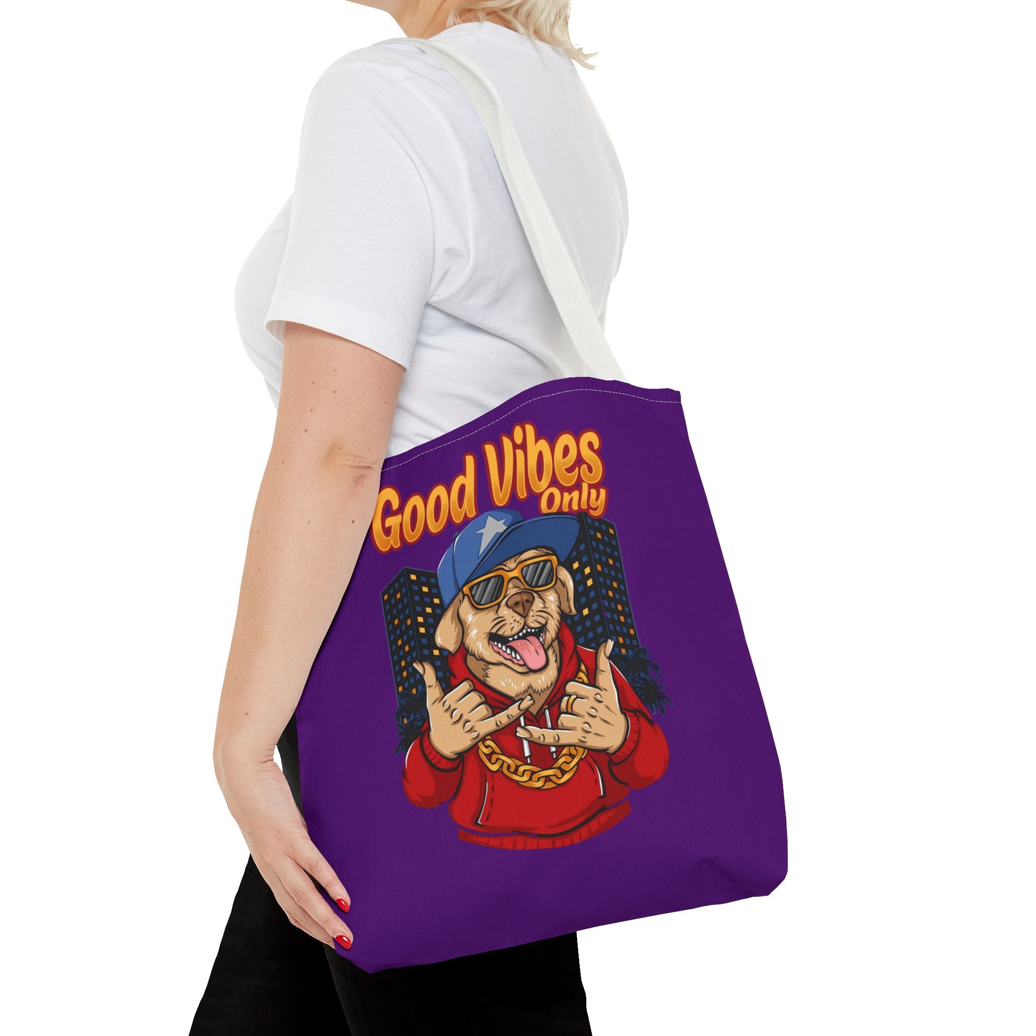 Good Vibes Only Dog Tote Bag — Cute Hipster Pup Graphic Canvas Tote