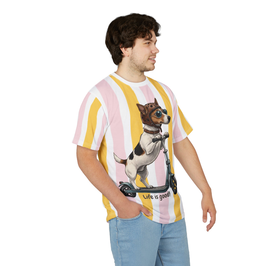 Scooter Dog Tee — "Life is Good" Striped All-Over Print T-Shirt