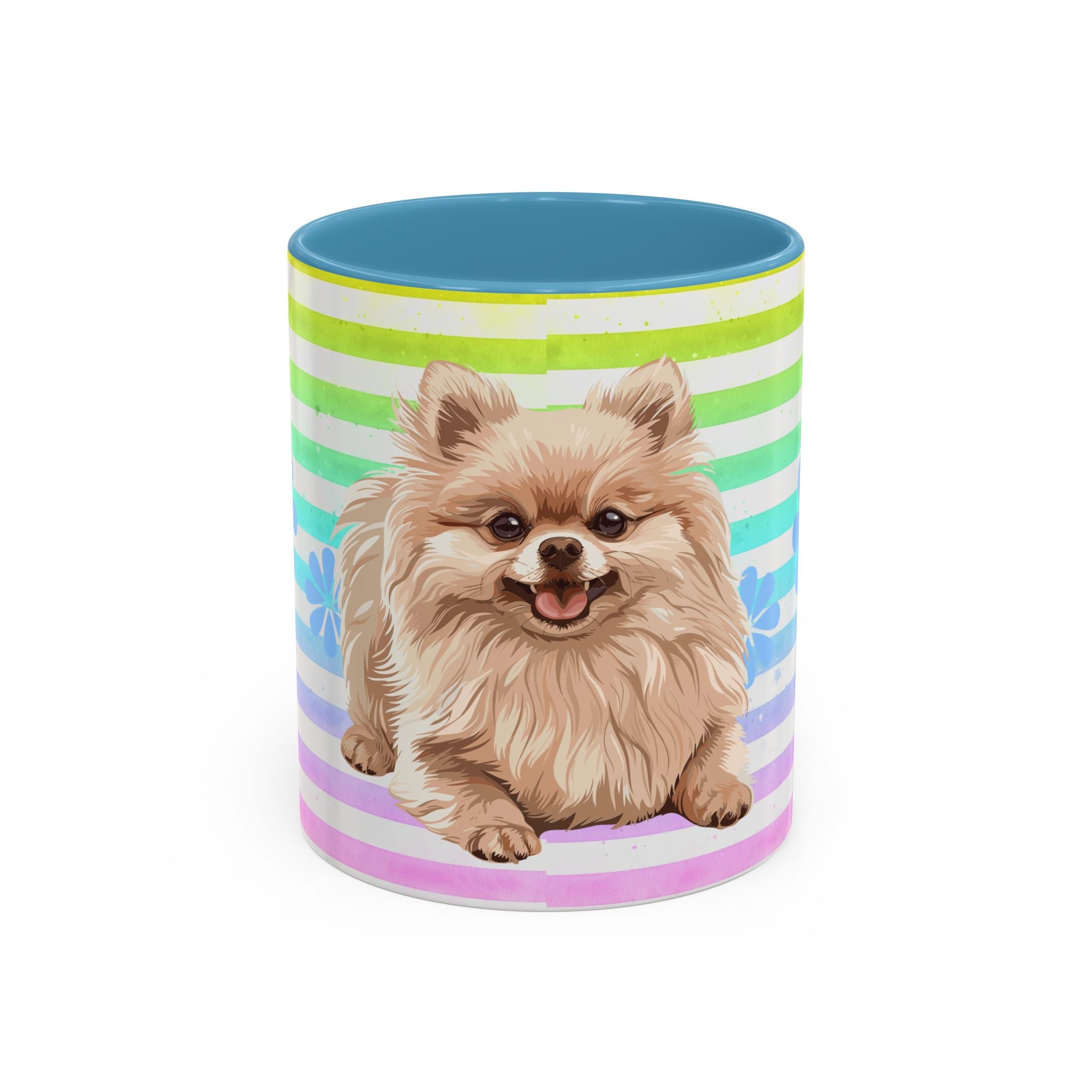 Pomeranian Dog Coffee Mug — Cute Fluffy Pup on Rainbow Stripes (Accent Mug 11/15oz)