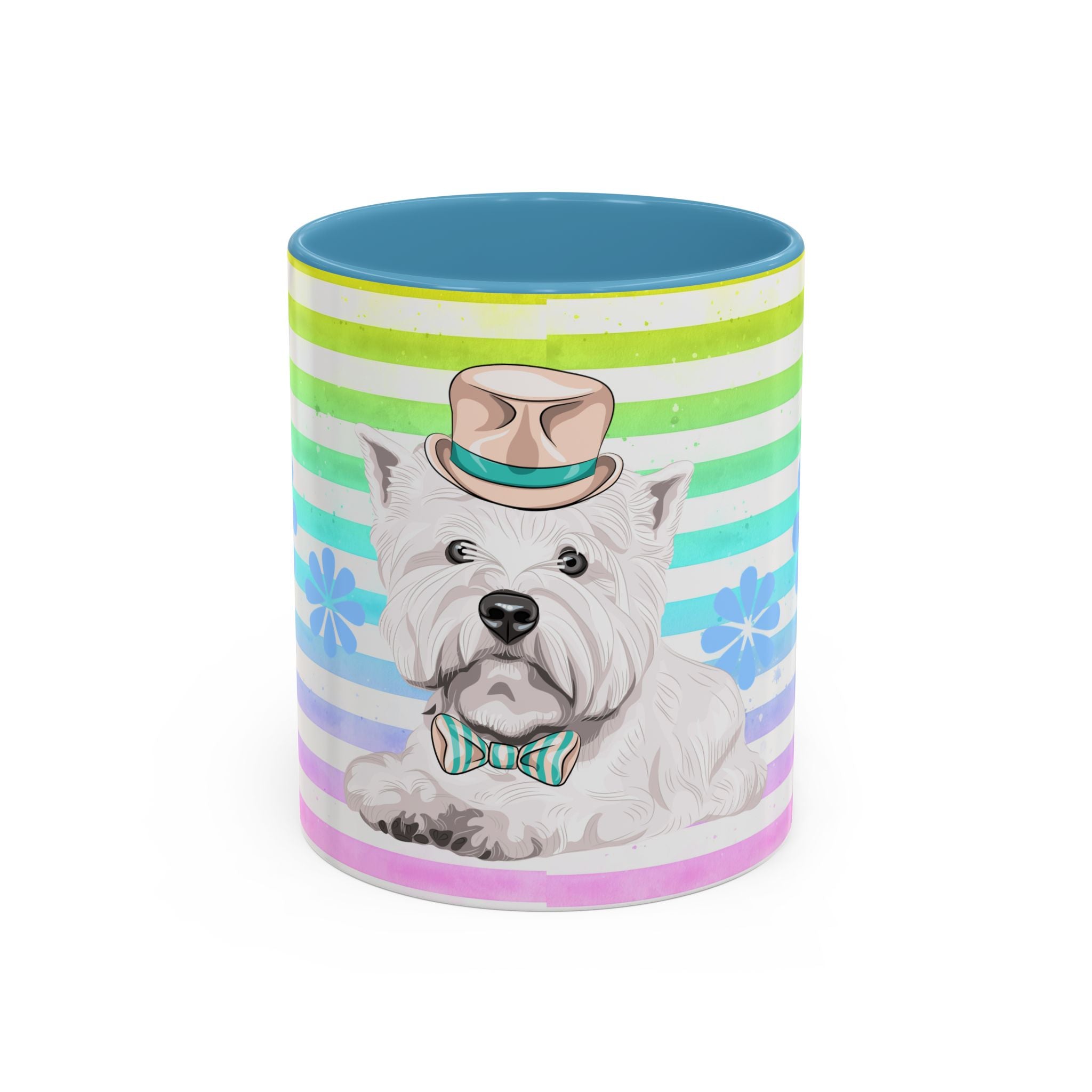 West Highland Terrier Coffee Mug — Cute White Pup on Rainbow Stripes (Accent Mug 11/15oz)