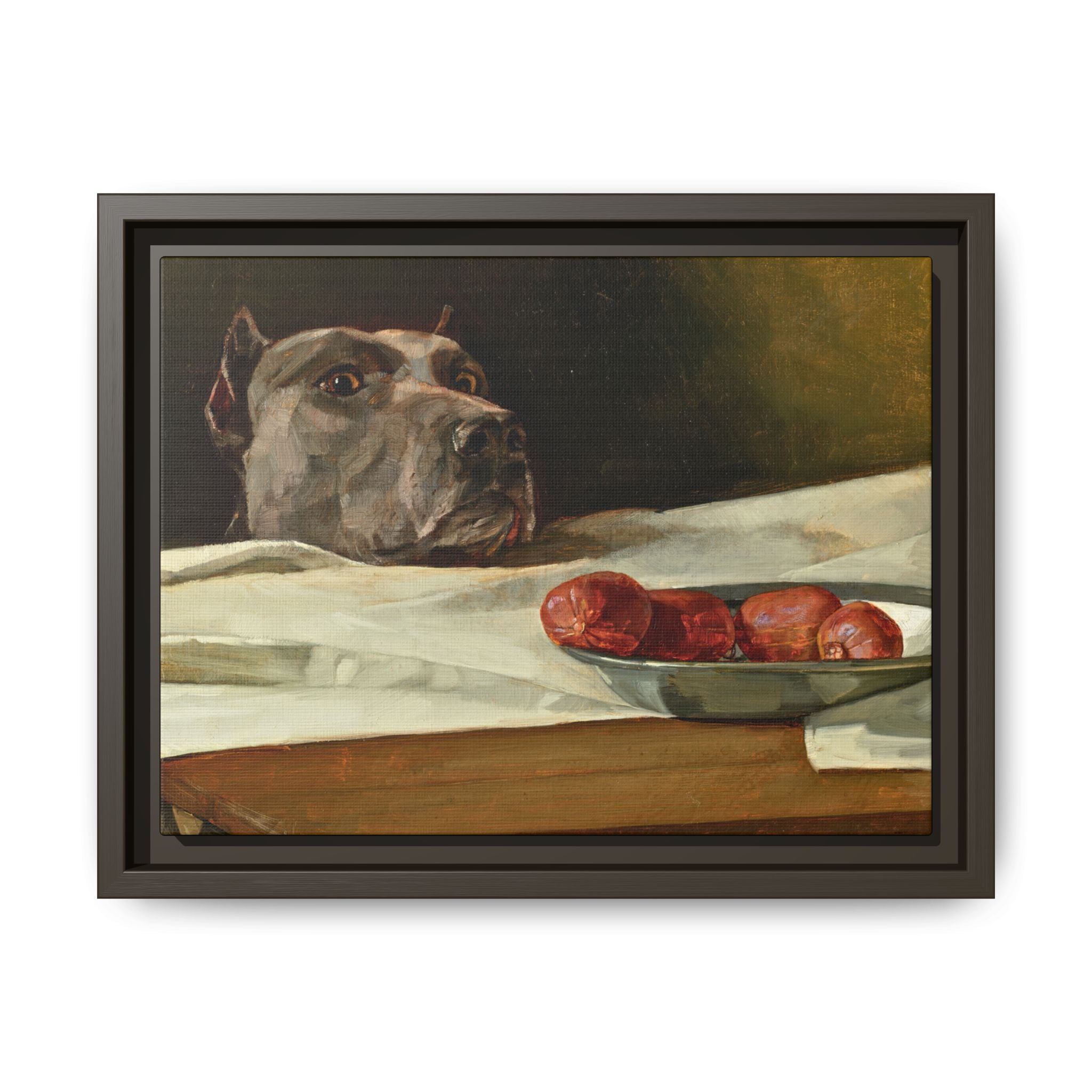 Framed Matte Canvas Print — Great Dane Dog & The Sausage Still Life Wall Art