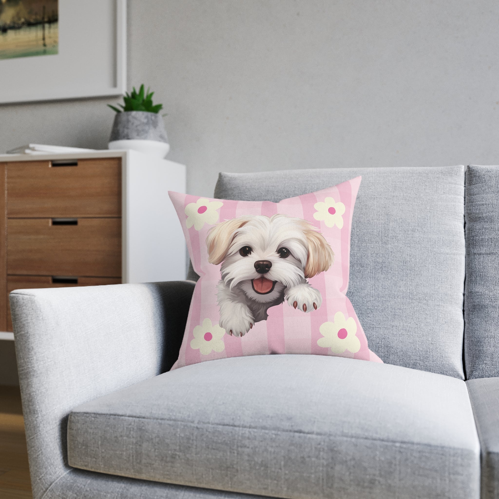 Maltese Dog Throw Pillow — Floral Pink Faux Suede | Dog Lover Home Decor