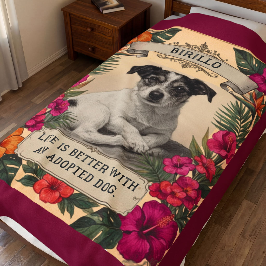 Personalized Dog Portrait Blanket — Hibiscus Floral & Adopted Dog | Custom Name & Photo
