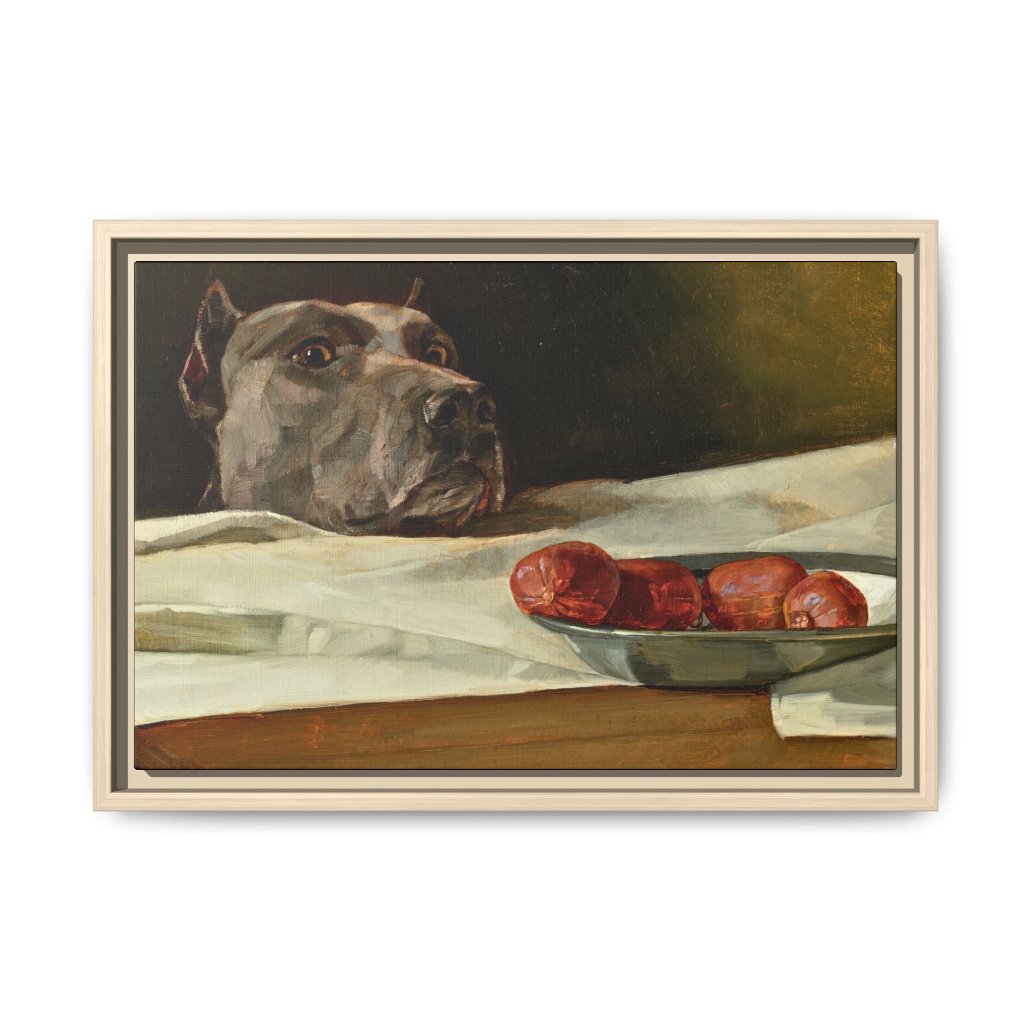Framed Matte Canvas Print — Great Dane Dog & The Sausage Still Life Wall Art