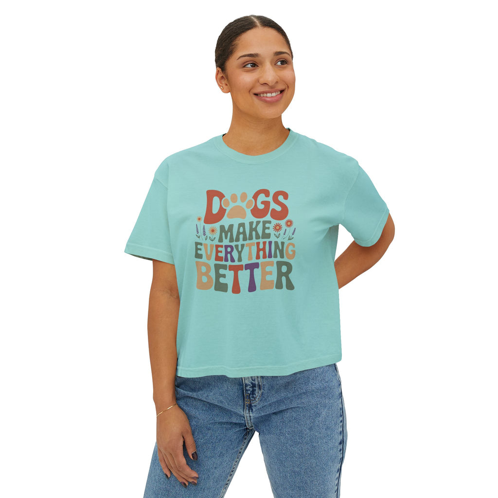Dogs Make Everything Better Boxy Tee — Cute Paw Print Graphic T‑Shirt for Dog Lovers