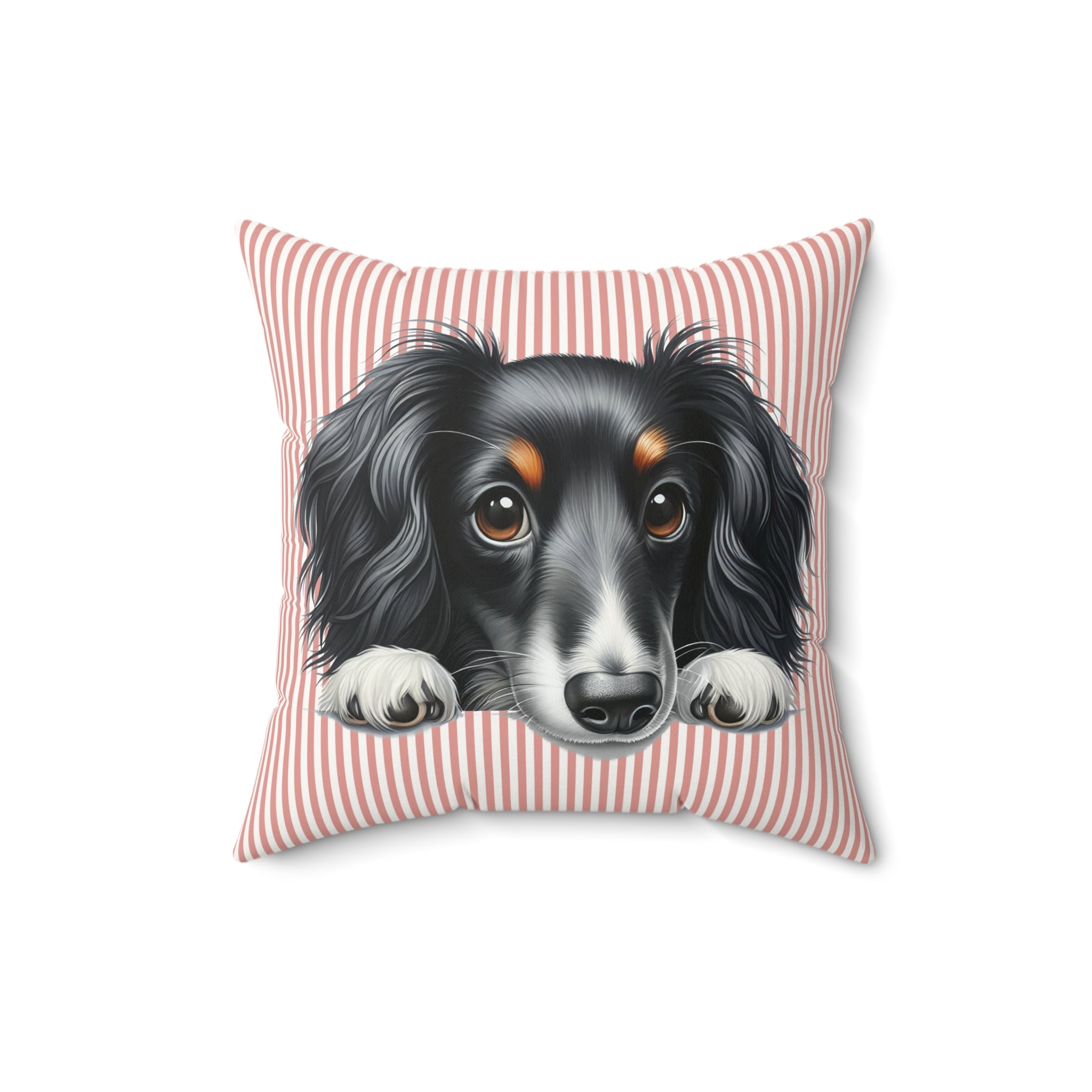 Dachshund Throw Pillow — Peeking Dog Portrait on Stripes | Faux Suede Dog Lover Gift
