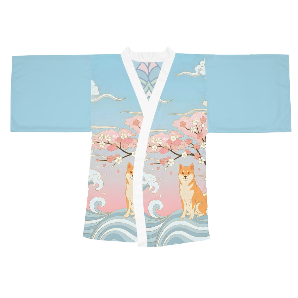 Shiba Inu Sakura Kimono Robe — Floral Cherry Blossom Long Sleeve Wrap