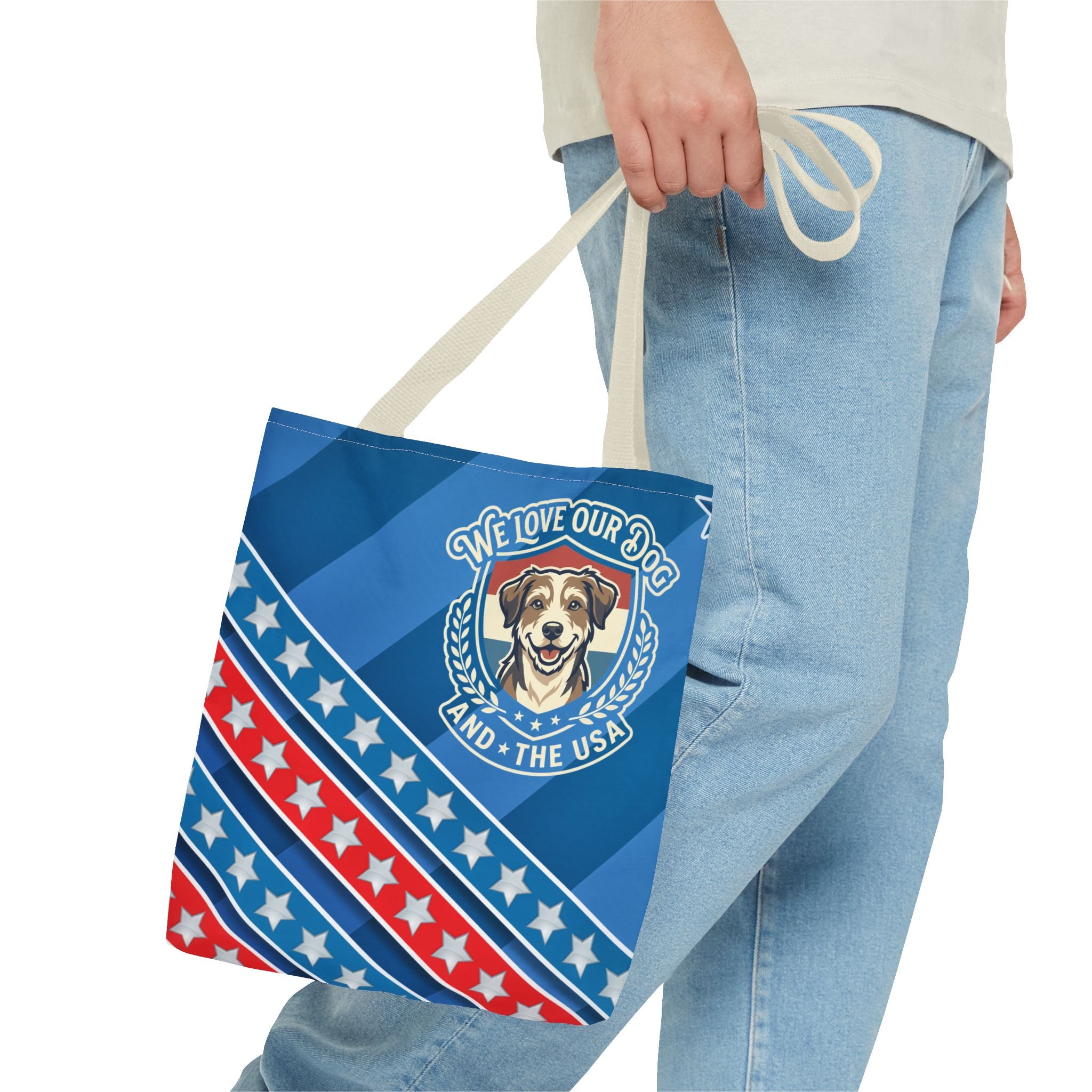Patriotic Dog Tote Bag — "We Love Our Dog and the USA" AOP Tote