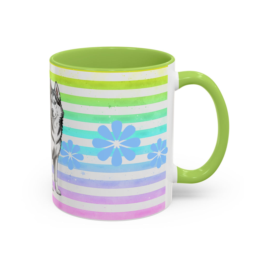 Siberian Husky Coffee Mug — Cute Black & Husky Pup on Rainbow Stripes (Accent Mug 11/15oz)