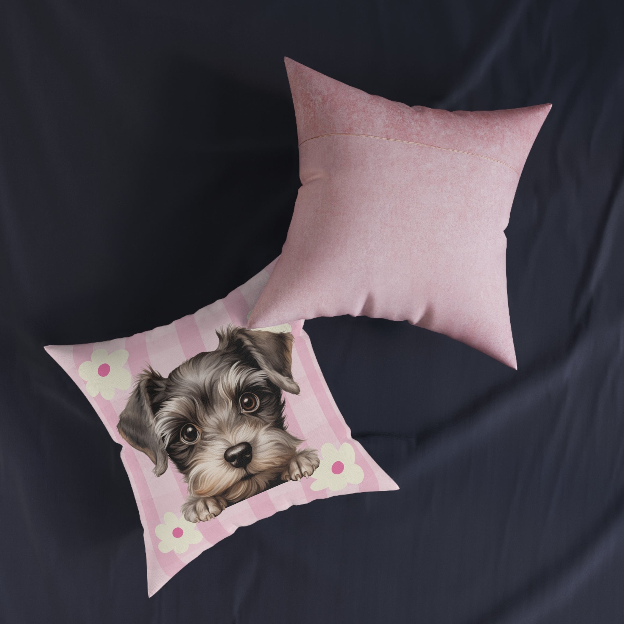 Schnauzer Throw Pillow — Pink Floral Faux Suede | Dog Lover Home Decor