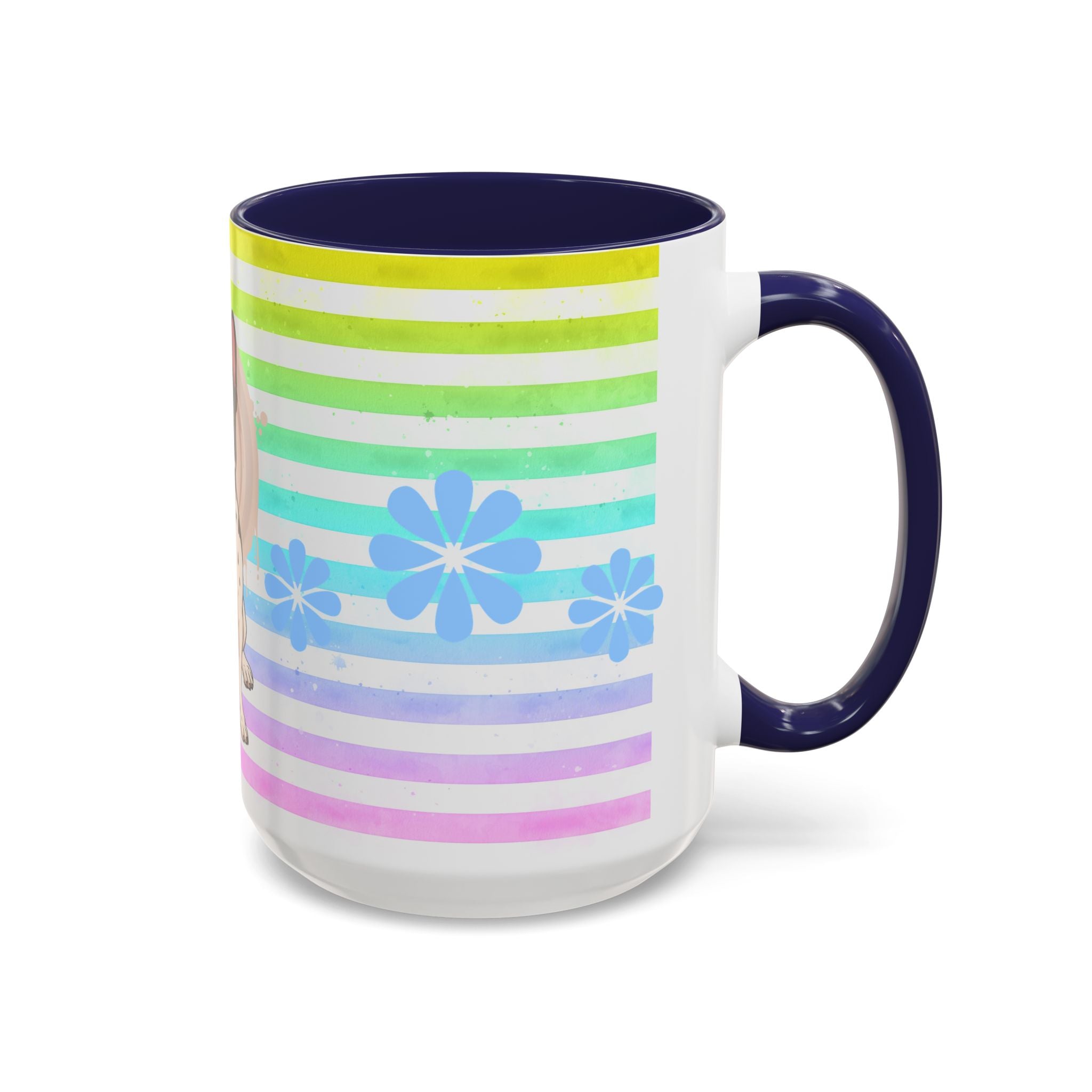 French Bulldog Coffee Mug — Cute Black & White Pup on Rainbow Stripes (Accent Mug 11/15oz)
