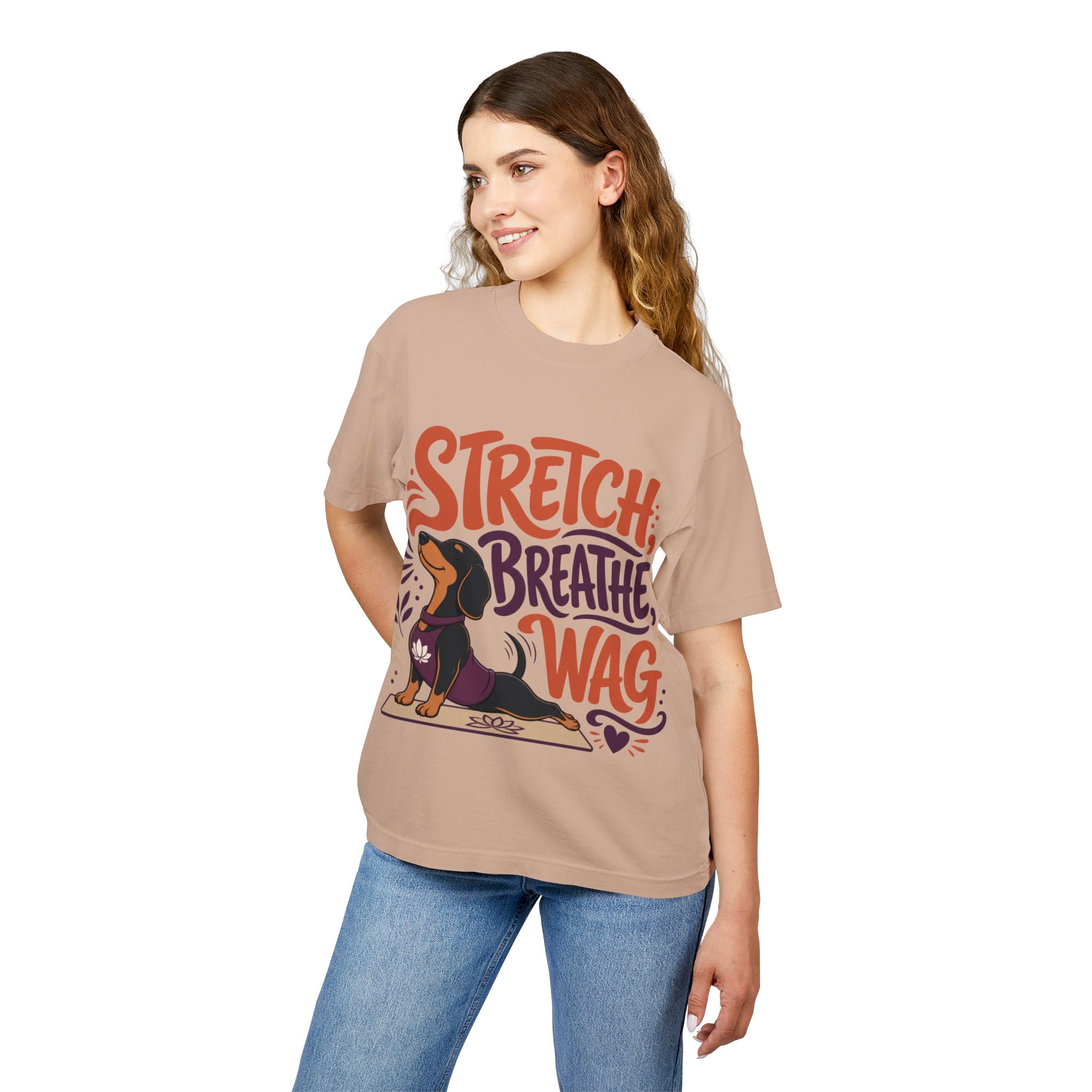 Stretch. Breathe. Wag. — Dachshund Yoga T‑Shirt for Dog Lovers