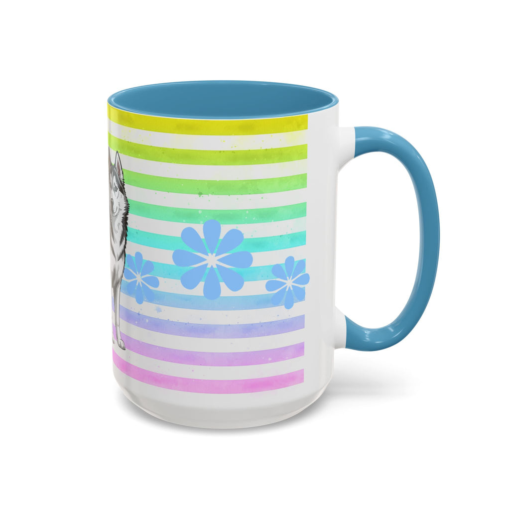 Siberian Husky Coffee Mug — Cute Black & Husky Pup on Rainbow Stripes (Accent Mug 11/15oz)