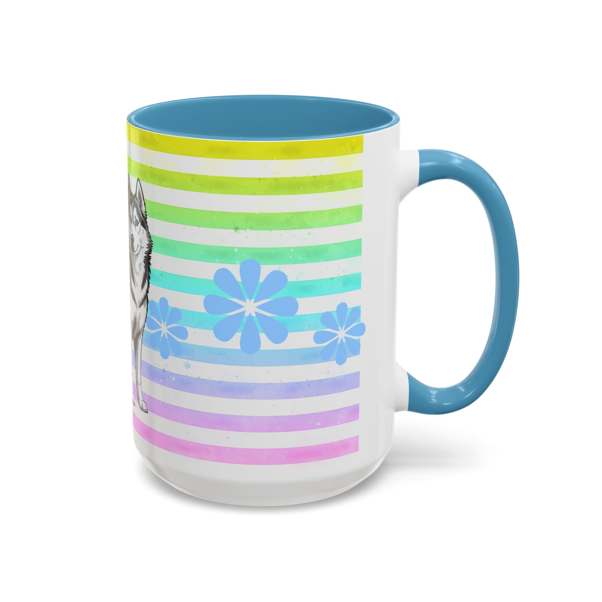 Siberian Husky Coffee Mug — Cute Black & Husky Pup on Rainbow Stripes (Accent Mug 11/15oz)
