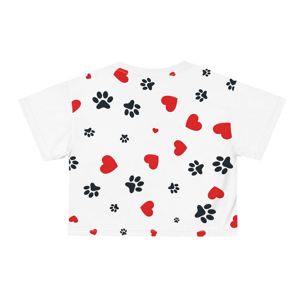 Dog Paw Print Crop Tee — All-Over Print with Hearts | Dog Lover Gift
