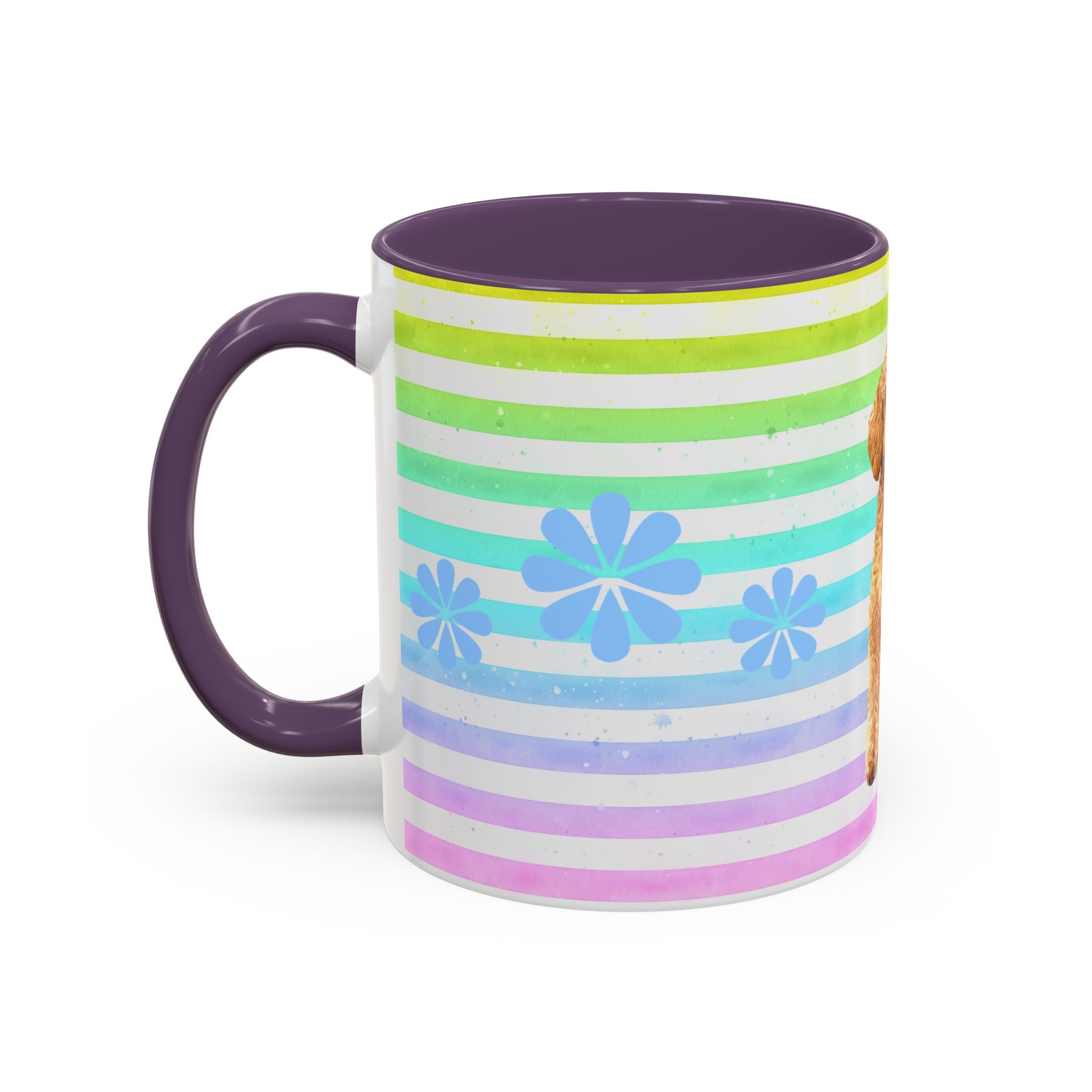 Apricot Poodle Coffee Mug — Cute Fluffy Pup on Rainbow Stripes (Accent Mug 11/15oz)