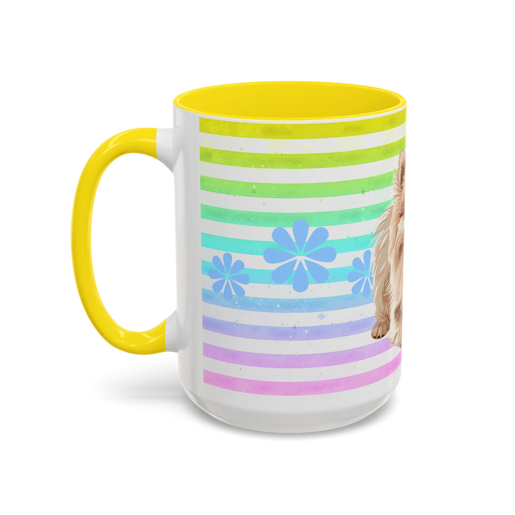 Pomeranian Dog Coffee Mug — Cute Fluffy Pup on Rainbow Stripes (Accent Mug 11/15oz)
