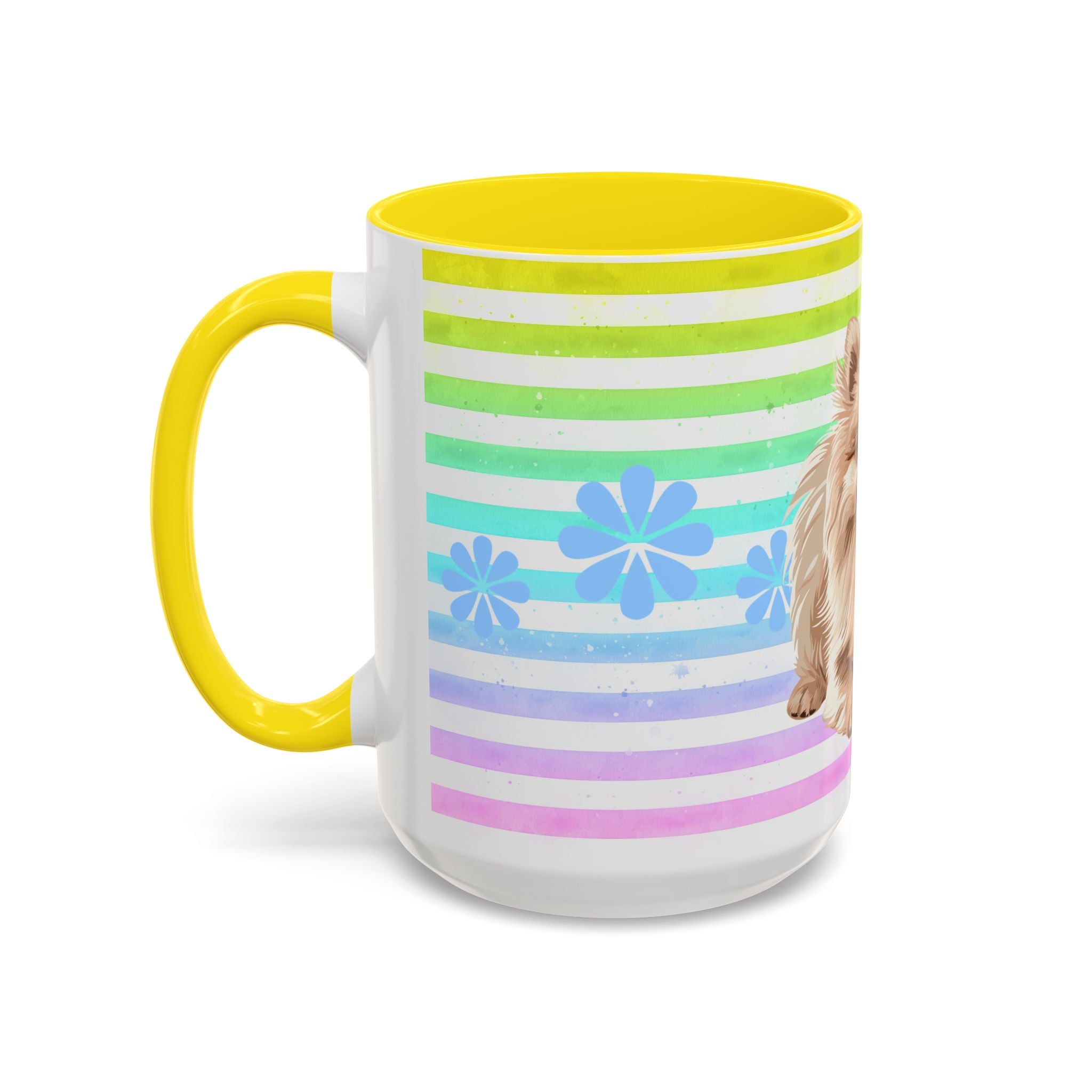 Pomeranian Dog Coffee Mug — Cute Fluffy Pup on Rainbow Stripes (Accent Mug 11/15oz)