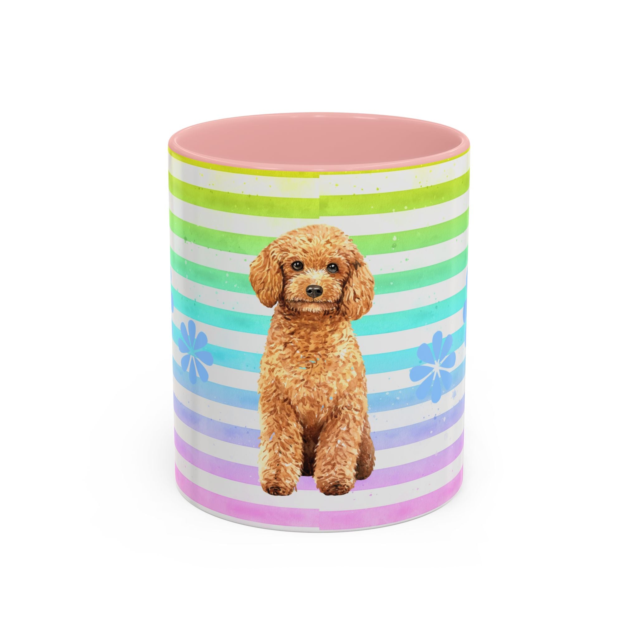 Apricot Poodle Coffee Mug — Cute Fluffy Pup on Rainbow Stripes (Accent Mug 11/15oz)