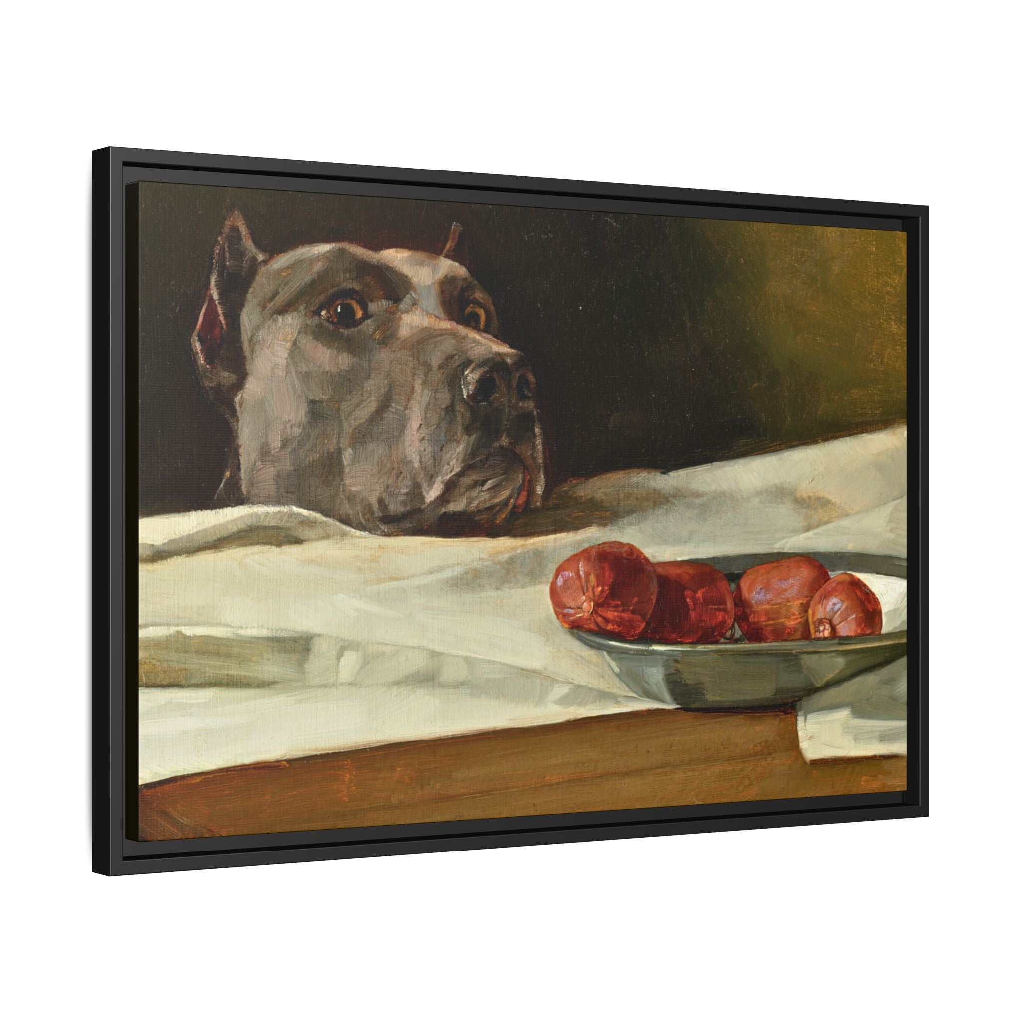 Framed Matte Canvas Print — Great Dane Dog & The Sausage Still Life Wall Art