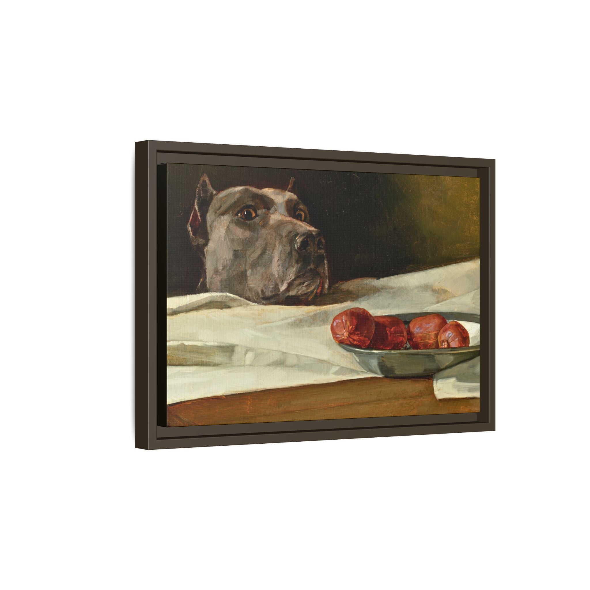Framed Matte Canvas Print — Great Dane Dog & The Sausage Still Life Wall Art