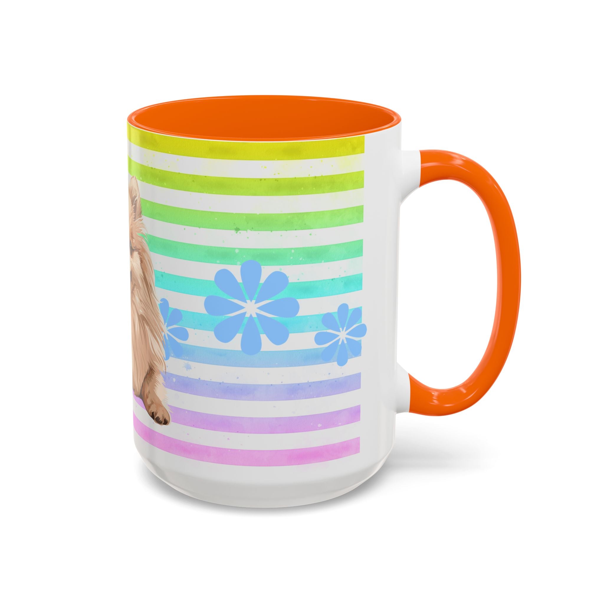 Pomeranian Dog Coffee Mug — Cute Fluffy Pup on Rainbow Stripes (Accent Mug 11/15oz)