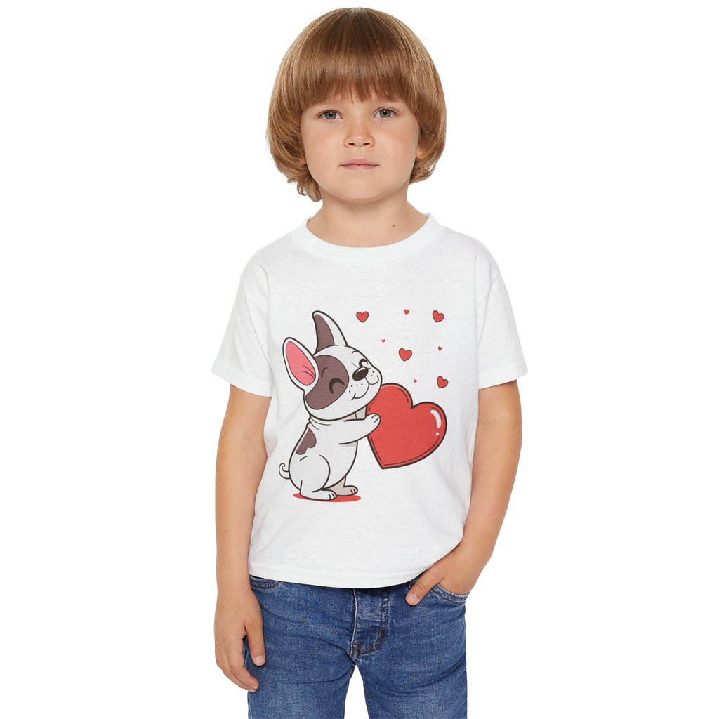 Toddler T-Shirt — Cute French Bulldog Hugging Heart with Colorful Paw Prints