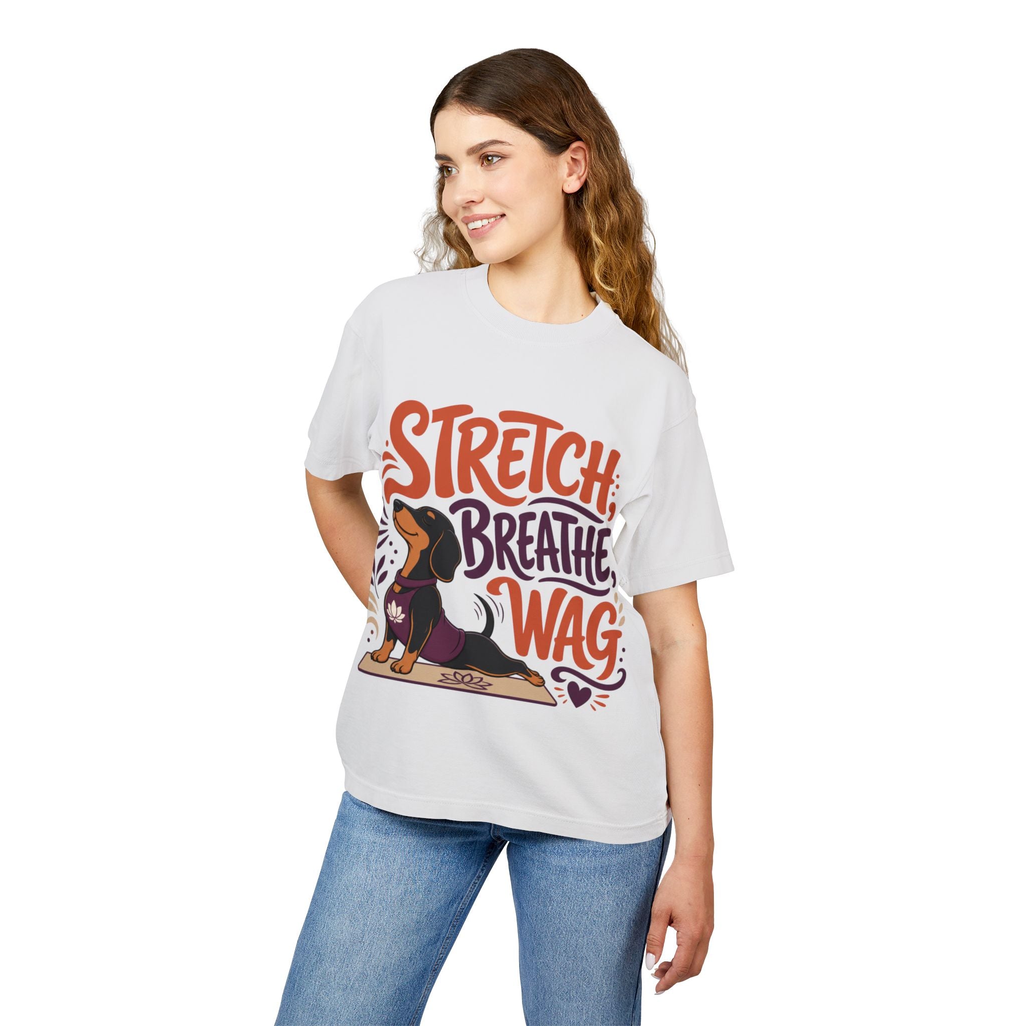 Stretch. Breathe. Wag. — Dachshund Yoga T‑Shirt for Dog Lovers