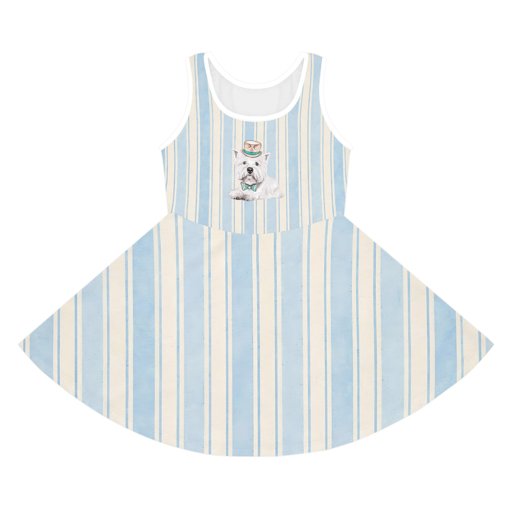 Girls' Striped Sundress — Cute Puppy in Top Hat AOP