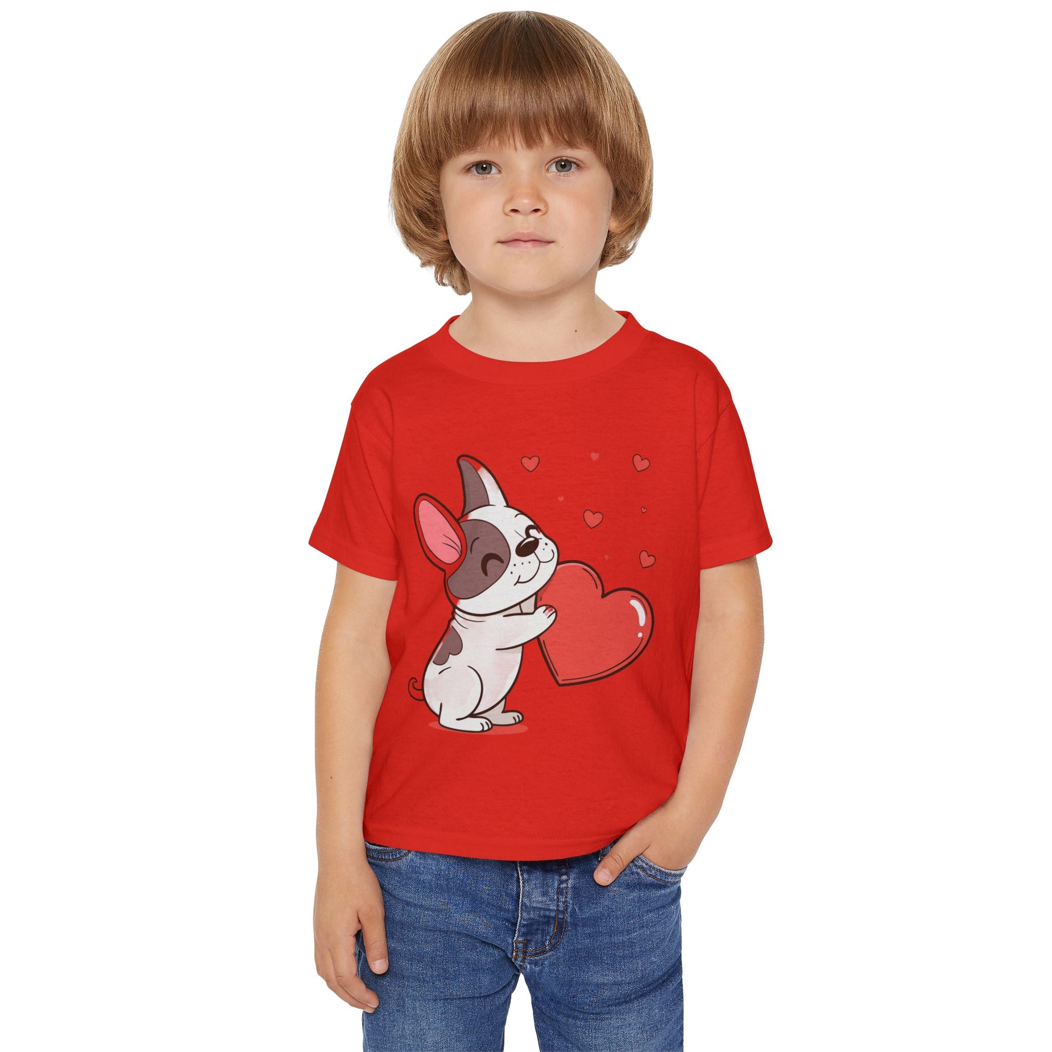 Toddler T-Shirt — Cute French Bulldog Hugging Heart with Colorful Paw Prints