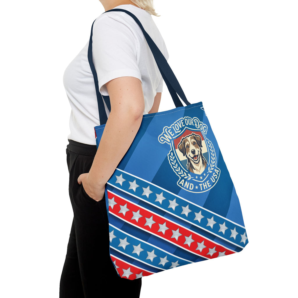 Patriotic Dog Tote Bag — "We Love Our Dog and the USA" AOP Tote