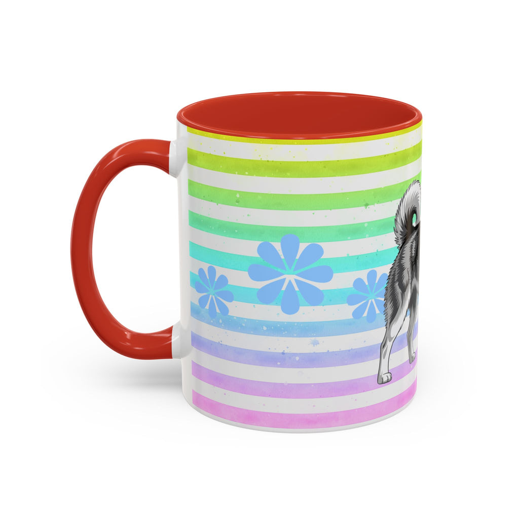 Siberian Husky Coffee Mug — Cute Black & Husky Pup on Rainbow Stripes (Accent Mug 11/15oz)