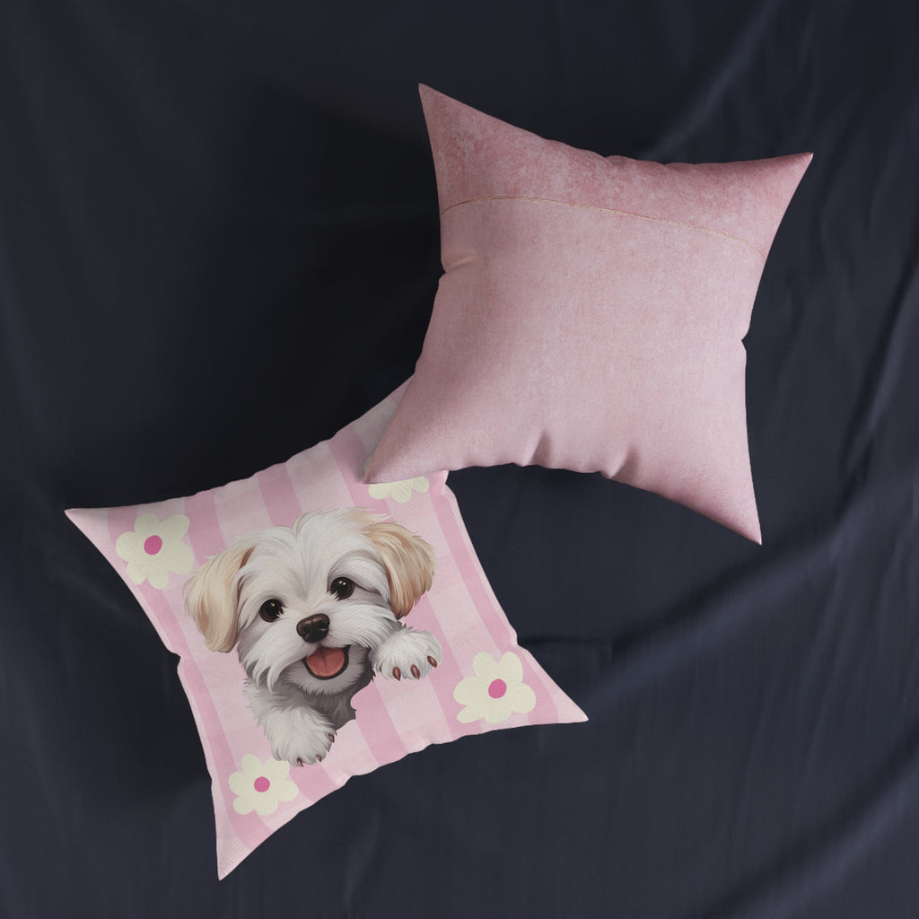 Maltese Dog Throw Pillow — Floral Pink Faux Suede | Dog Lover Home Decor